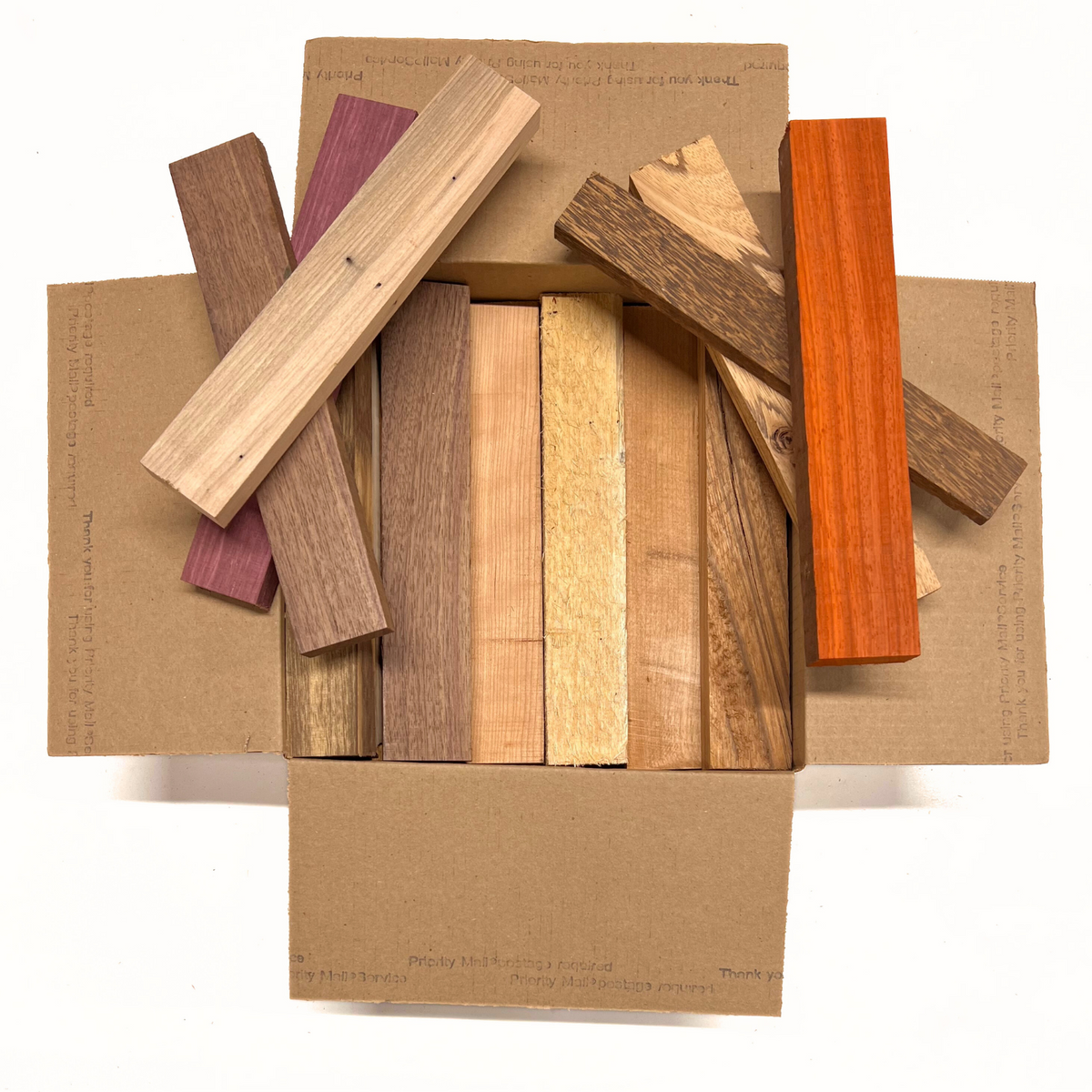 Box of Mixed Exotic and Domestic Species 12" x 12" x 6" Wood Scrap DIY Craft Carving Scroll Short Lumber Cutoff Boards - Exotic Wood Zone - Buy online Across USA 