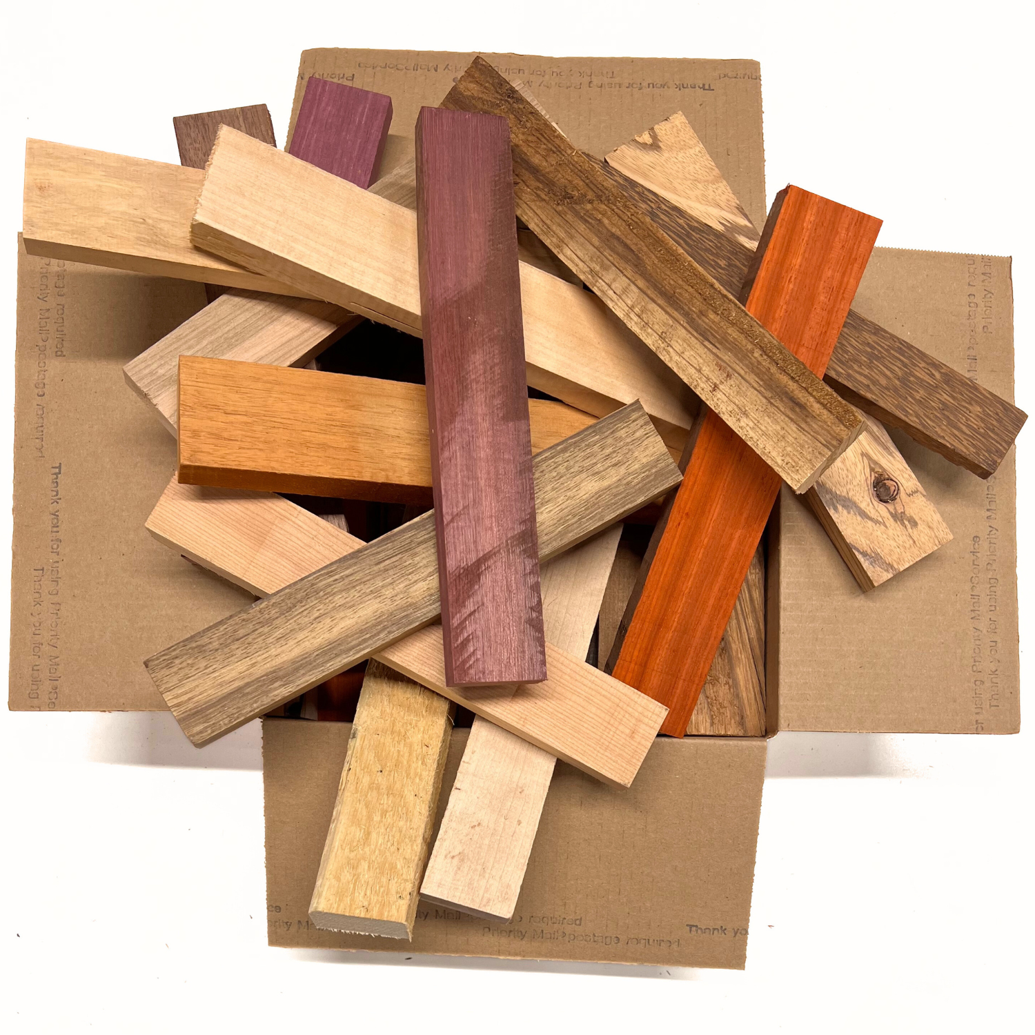 Box of Mixed Exotic and Domestic Species 12" x 12" x 6" Wood Scrap DIY Craft Carving Scroll Short Lumber Cutoff Boards - Exotic Wood Zone - Buy online Across USA 