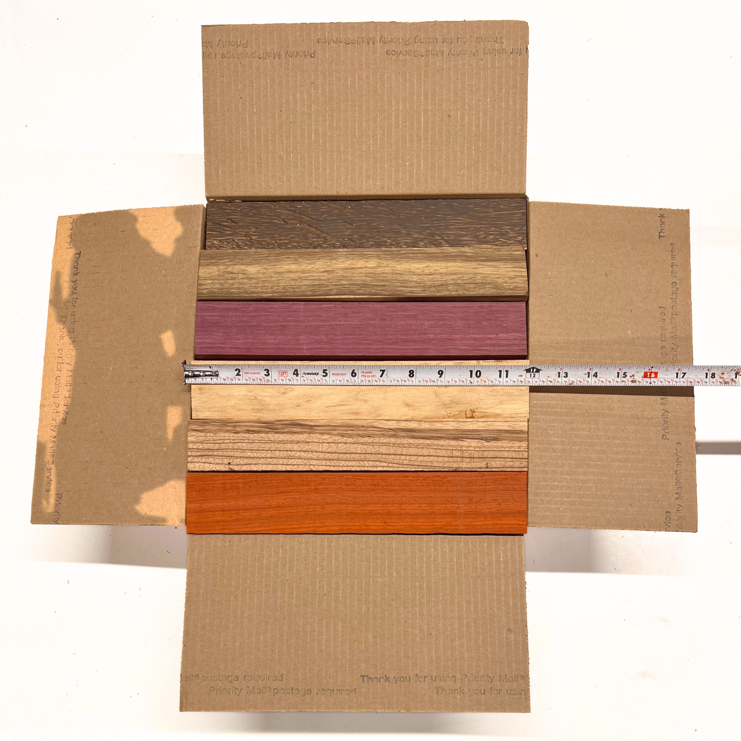 Box of Mixed Exotic Species (Purpleheart,Padauk,Black Palm,Bubinga,Tamarind,Limba)12" x 12" x 6" Wood Scrap DIY Craft Carving Scroll Short Lumber Cutoff Boards - Exotic Wood Zone - Buy online Across USA 