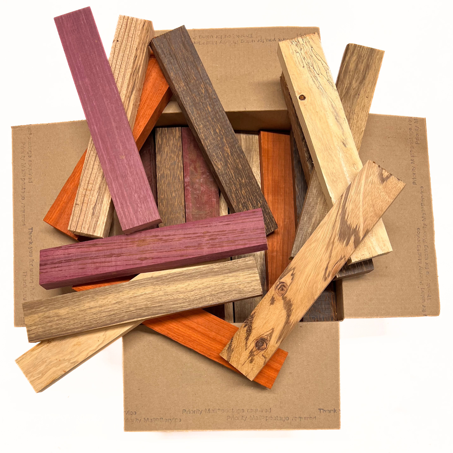 Box of Mixed Exotic Species (Purpleheart,Padauk,Black Palm,Bubinga,Tamarind,Limba)12" x 12" x 6" Wood Scrap DIY Craft Carving Scroll Short Lumber Cutoff Boards - Exotic Wood Zone - Buy online Across USA 