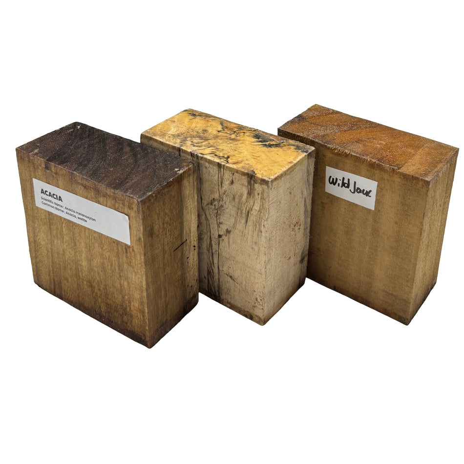 Combo Pack of 3, Bowl Blanks 4" x 4" x 2" (Acacia, Spalted Tamarind, Wild Jack)