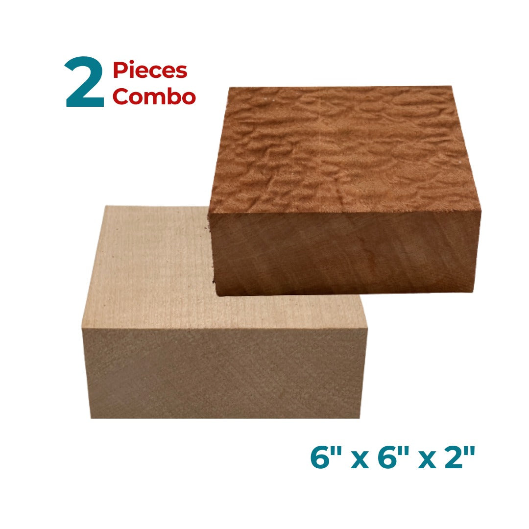 Combo Pack of 2, Bowl Blanks 6&quot; x 6&quot; x 2&quot; ( Curly Maple + Quilted Curly Sapele ) - Exotic Wood Zone - Buy online Across USA 