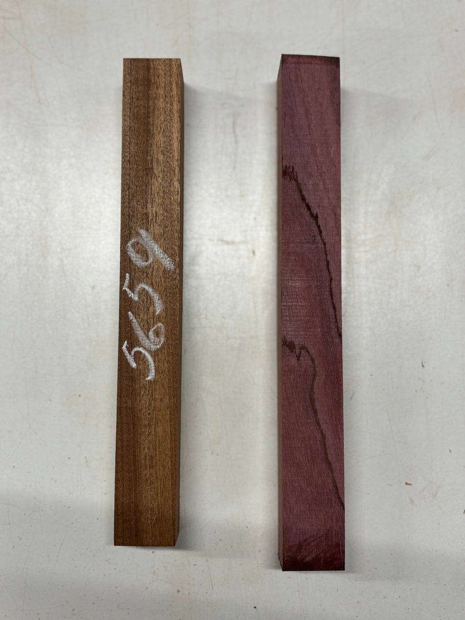 2 Pack, 2 Species Sapele + Flame Purpleheart Turning Wood Blanks   Sapele - 12"x1-1/2"x1-1/2"  Purpleheart - 12-1/2"x1-1/2"x1-1/2"#5659
