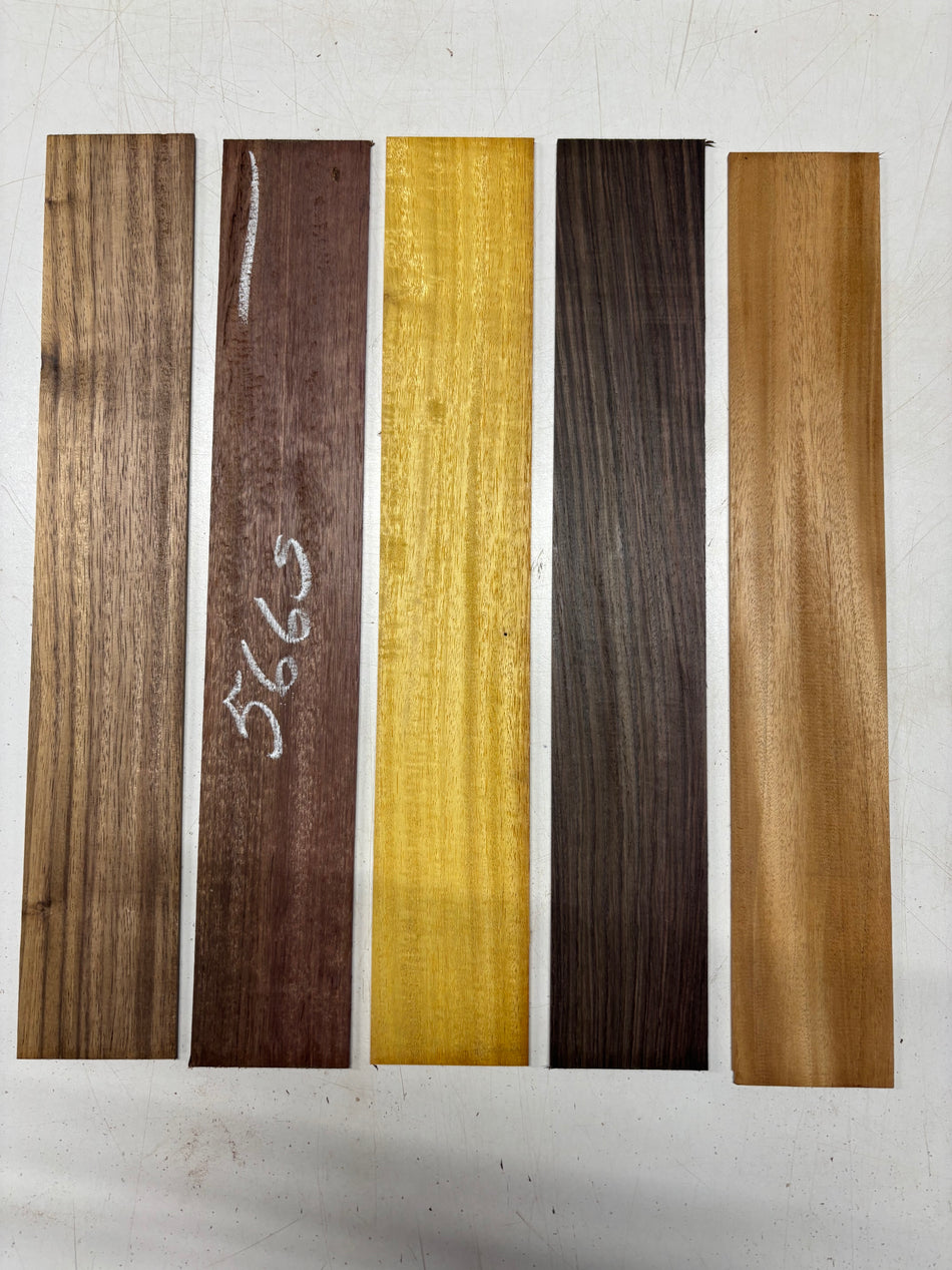 5 Pack, 5 Species Purpleheart + Indian Walnut + Osage Orange + Indian Rosewood + Mahogany Thin Stock Lumber 18"x3"x1/8"#5665