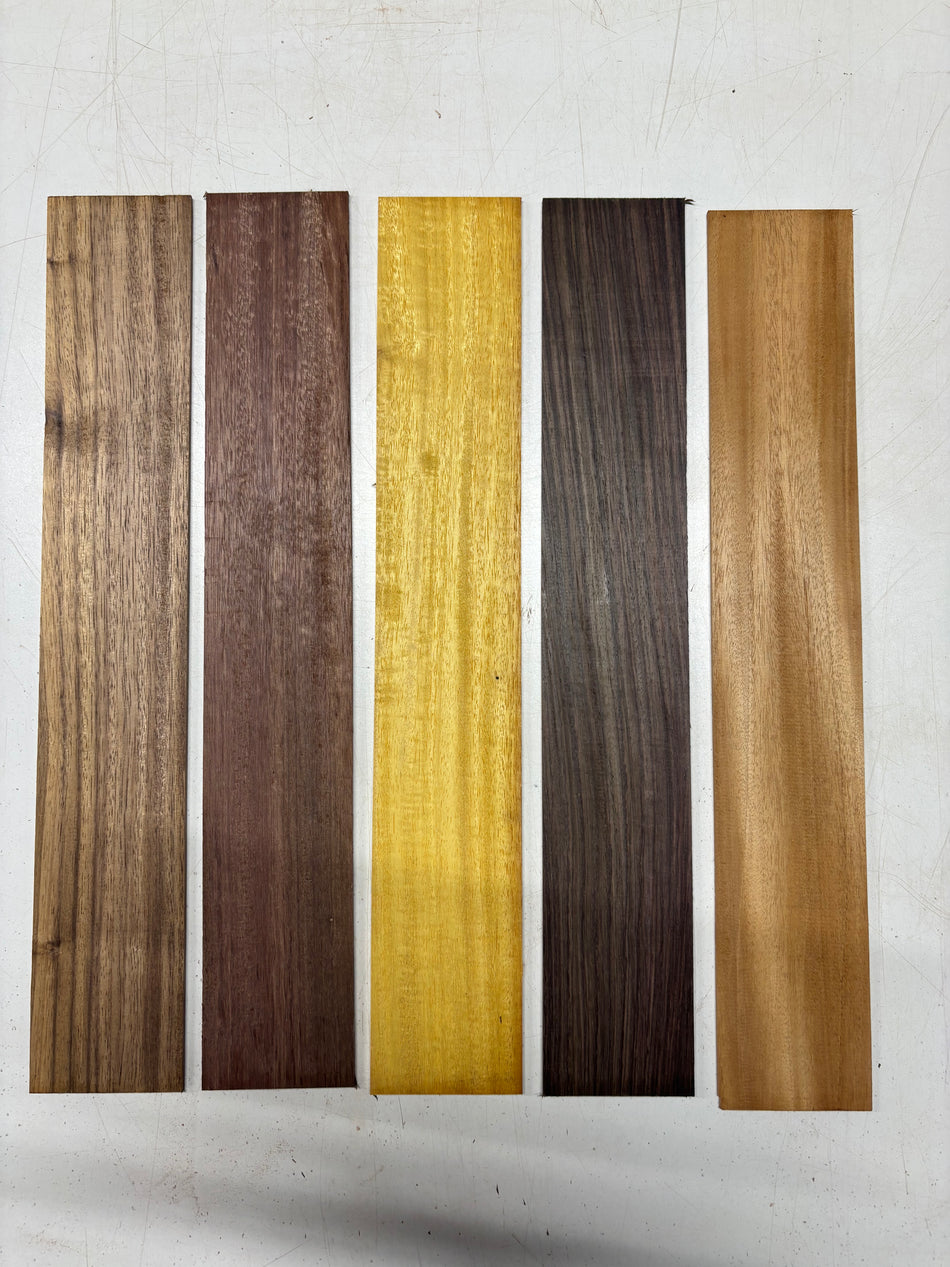 5 Pack, 5 Species Purpleheart + Indian Walnut + Osage Orange + Indian Rosewood + Mahogany Thin Stock Lumber 18"x3"x1/8"#5665