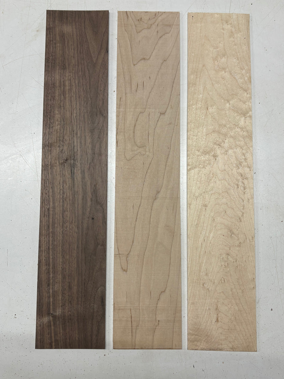 3 Pack, 3 Species Walnut + Hard Maple + Birdseye Maple Thin Stock Lumber 20-3/4"x4"x1/8"#7762 - Exotic Wood Zone