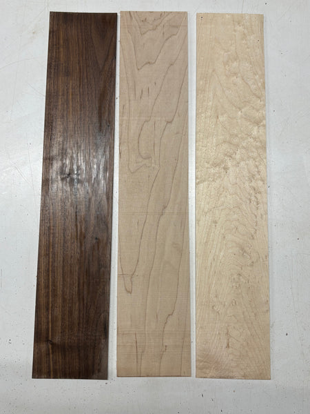 3 Pack, 3 Species Walnut + Hard Maple + Birdseye Maple Thin Stock Lumber 20-3/4"x4"x1/8"#7762 - Exotic Wood Zone