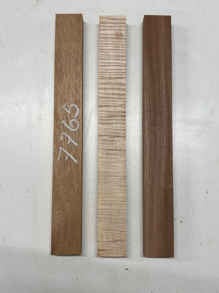 3 Pack, 3 Species African Mahogany + Sapele + Flame Maple Thin Stock Lumber 16-1/2"x1-7/8"x1"#7765 - Exotic Wood Zone