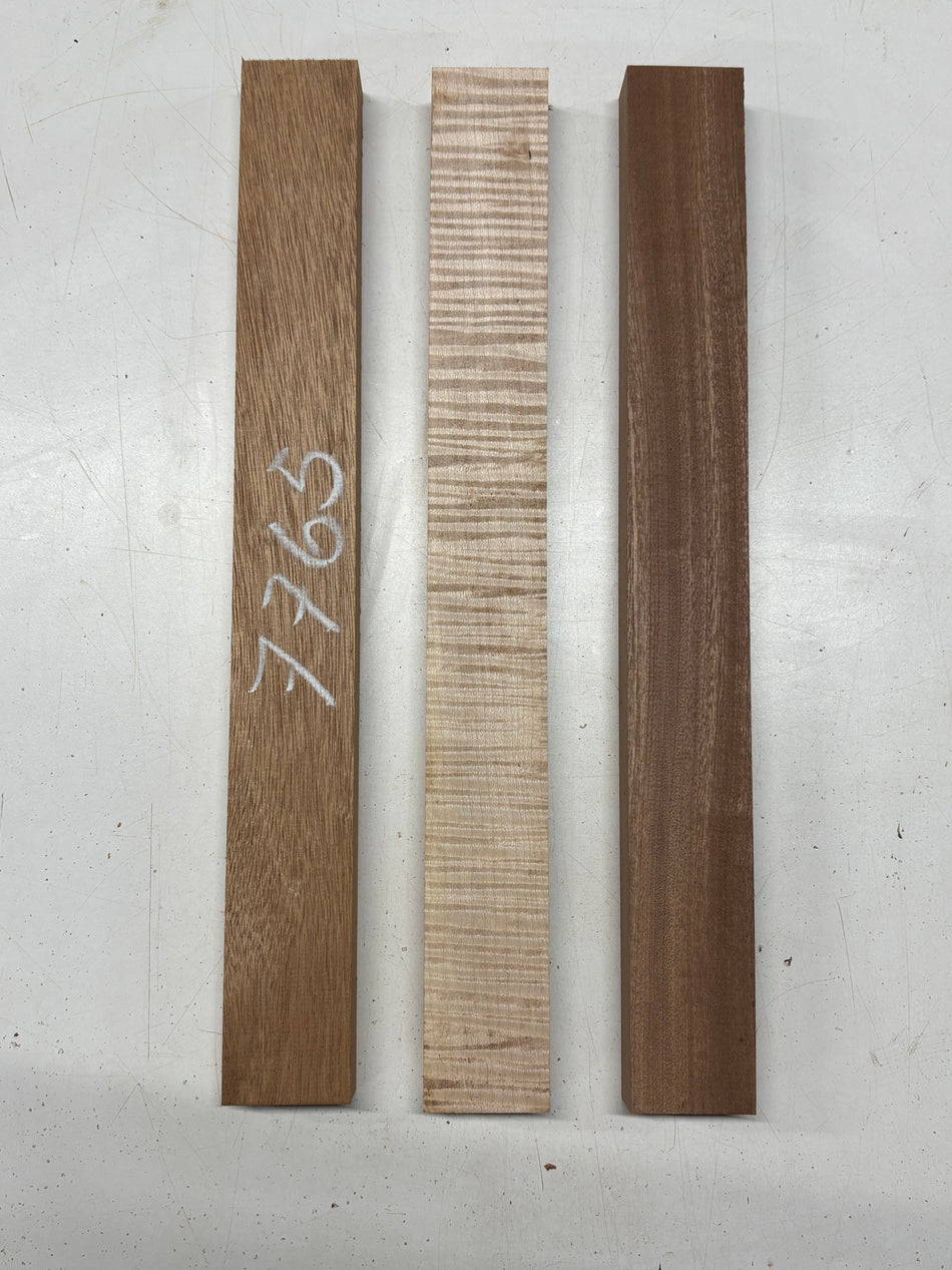3 Pack, 3 Species African Mahogany + Sapele + Flame Maple Thin Stock Lumber 16-1/2"x1-7/8"x1"#7765 - Exotic Wood Zone