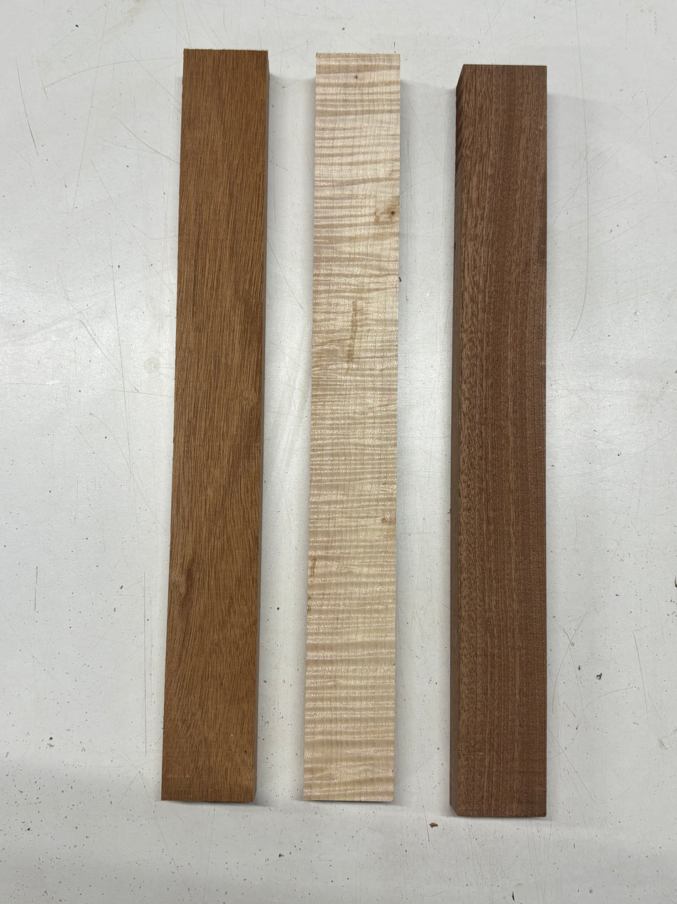 3 Pack, 3 Species African Mahogany + Sapele + Flame Maple Thin Stock Lumber 16-1/2"x1-7/8"x1"#7765 - Exotic Wood Zone