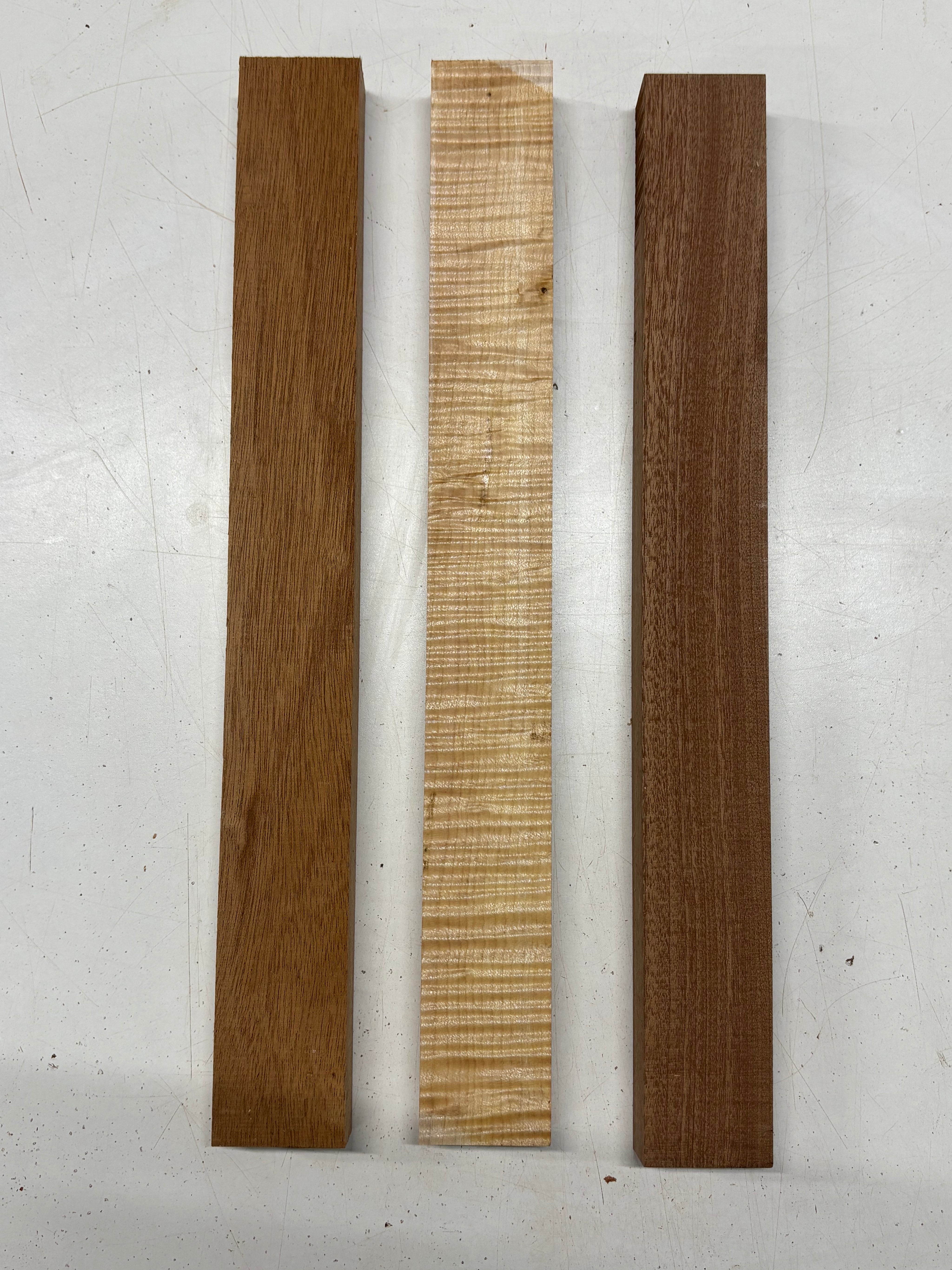 3 Pack, 3 Species African Mahogany + Sapele + Flame Maple Thin Stock Lumber 16-1/2"x1-7/8"x1"#7765 - Exotic Wood Zone