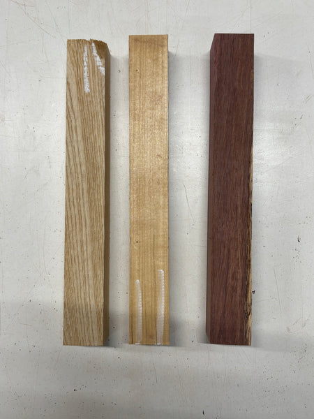 3 Pack, 3 Species Purpleheart + Basswood + White Ash Turning Wood Blanks  11-1/2"x1-1/2"x1-1/2"#7770 - Exotic Wood Zone