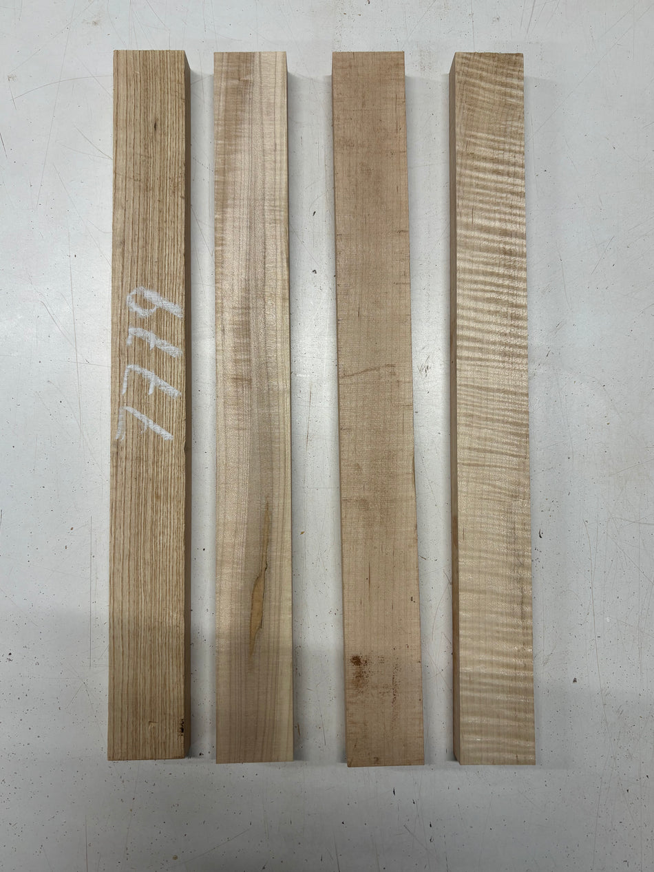 4 Pack, 3 Species Flame Maple + Hard Maple +White Ash Thin Stock Lumber 18-1/2"x1-7/8"x7/8"#7779 - Exotic Wood Zone