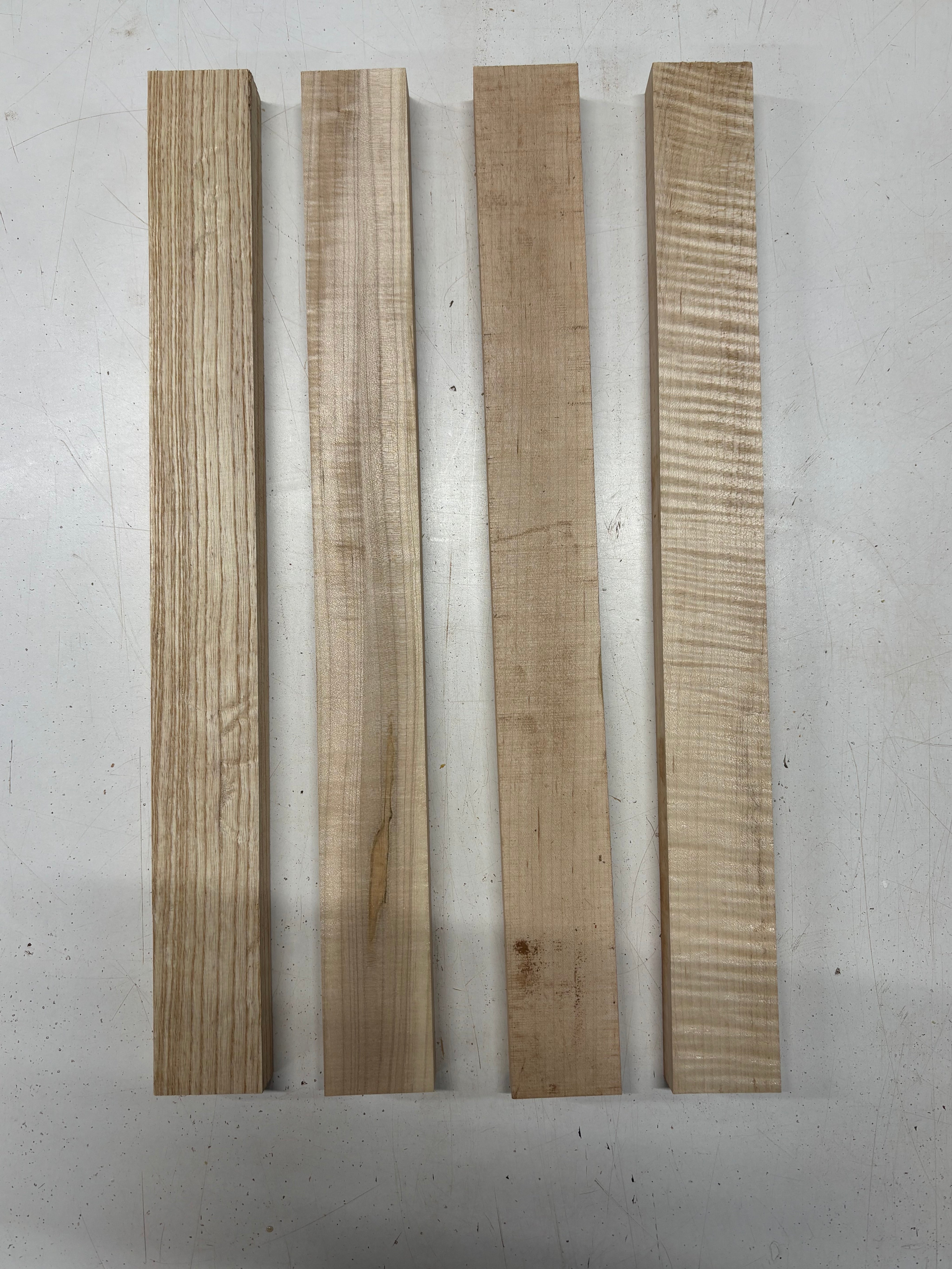 4 Pack, 3 Species Flame Maple + Hard Maple +White Ash Thin Stock Lumber 18-1/2"x1-7/8"x7/8"#7779 - Exotic Wood Zone