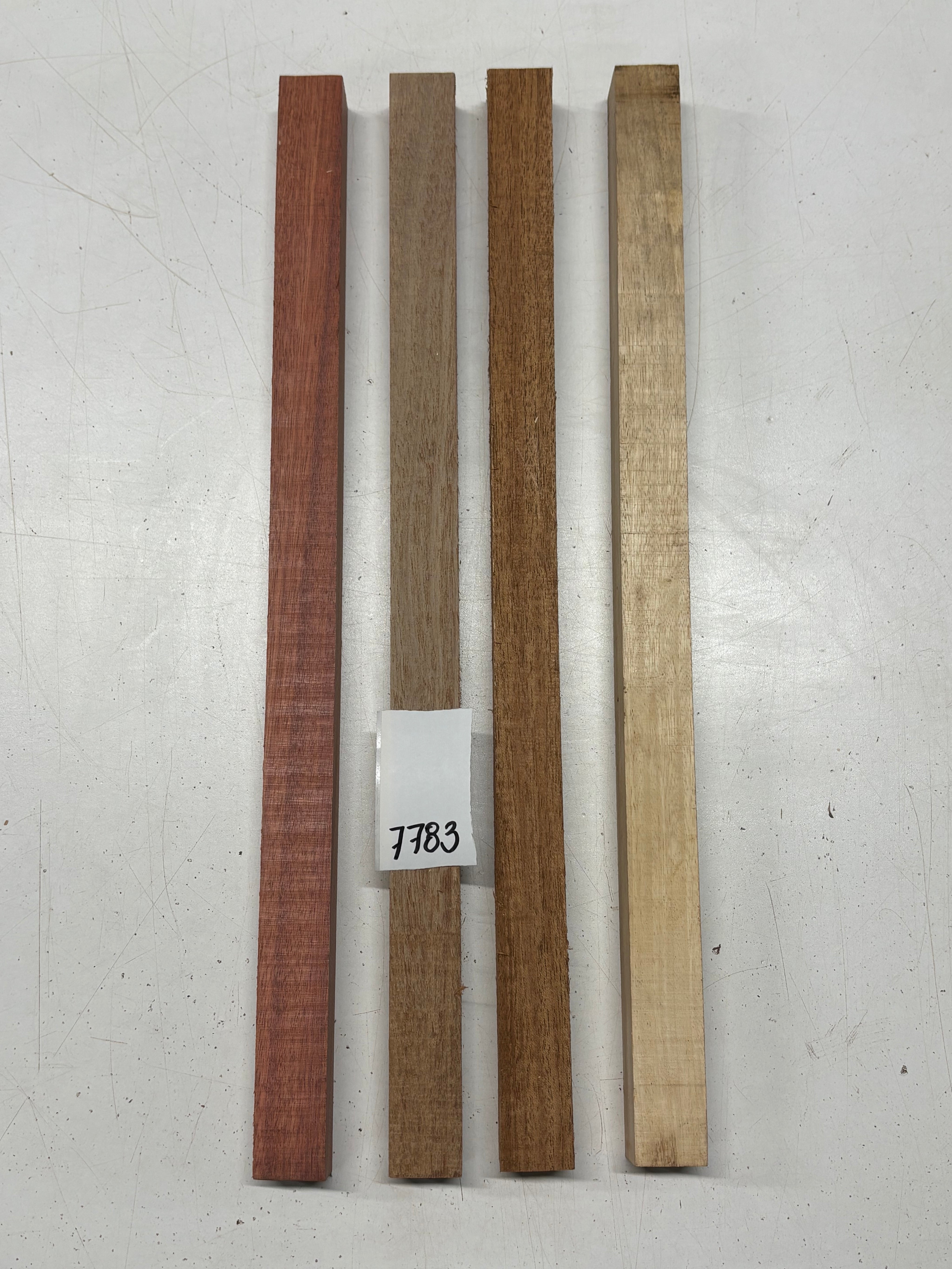 4 Pack, 4 Species African Mahogany + Bloodwood + Tamarind + Caribbean Walnut Turning Wood Blanks 17"x1"x1"#7783 - Exotic Wood Zone