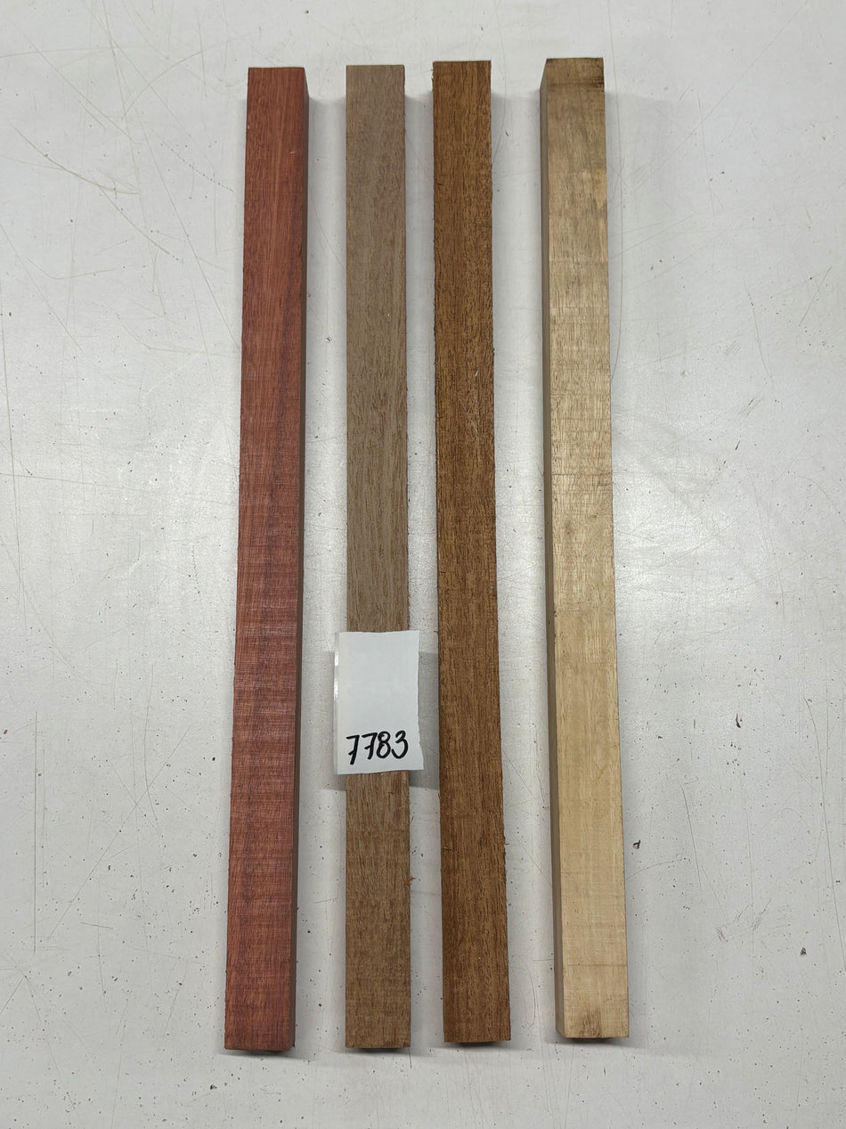 4 Pack, 4 Species African Mahogany + Bloodwood + Tamarind + Caribbean Walnut Turning Wood Blanks 17"x1"x1"#7783 - Exotic Wood Zone