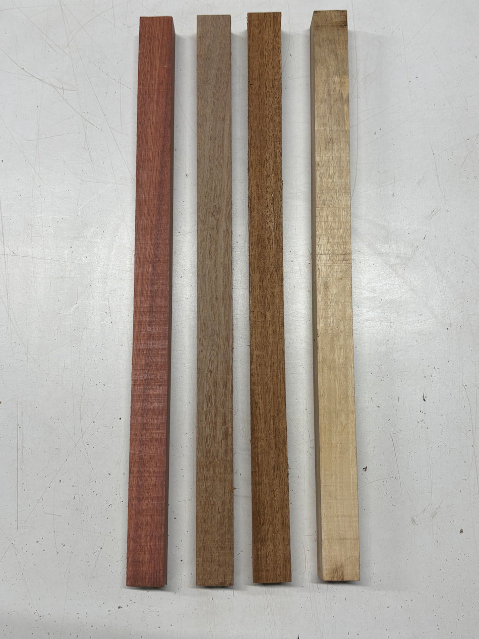 4 Pack, 4 Species African Mahogany + Bloodwood + Tamarind + Caribbean Walnut Turning Wood Blanks 17"x1"x1"#7783 - Exotic Wood Zone