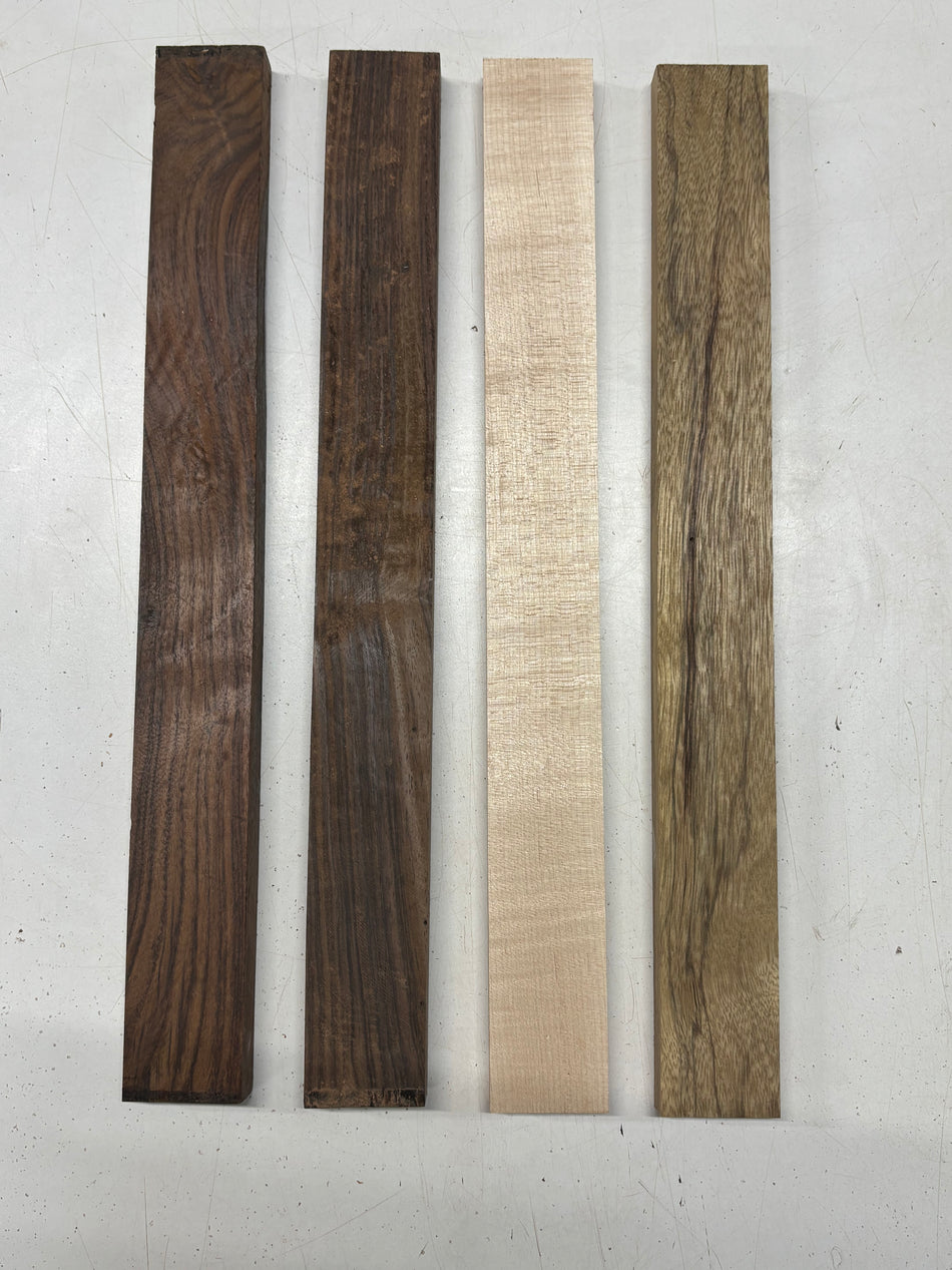 4 Pack, 3 Species Indian Rosewood + Black Limba + Flame Maple Thin Stock Lumber 18"x1-7/8"x3/4"#7785 - Exotic Wood Zone