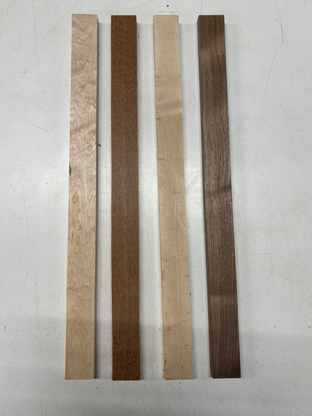 4 Pack, 4 Species Quilted Maple + Leopardwood + Hard Maple + Walnut Thin Stock Lumber 24"x1-3/4"x3/4"#7793 - Exotic Wood Zone