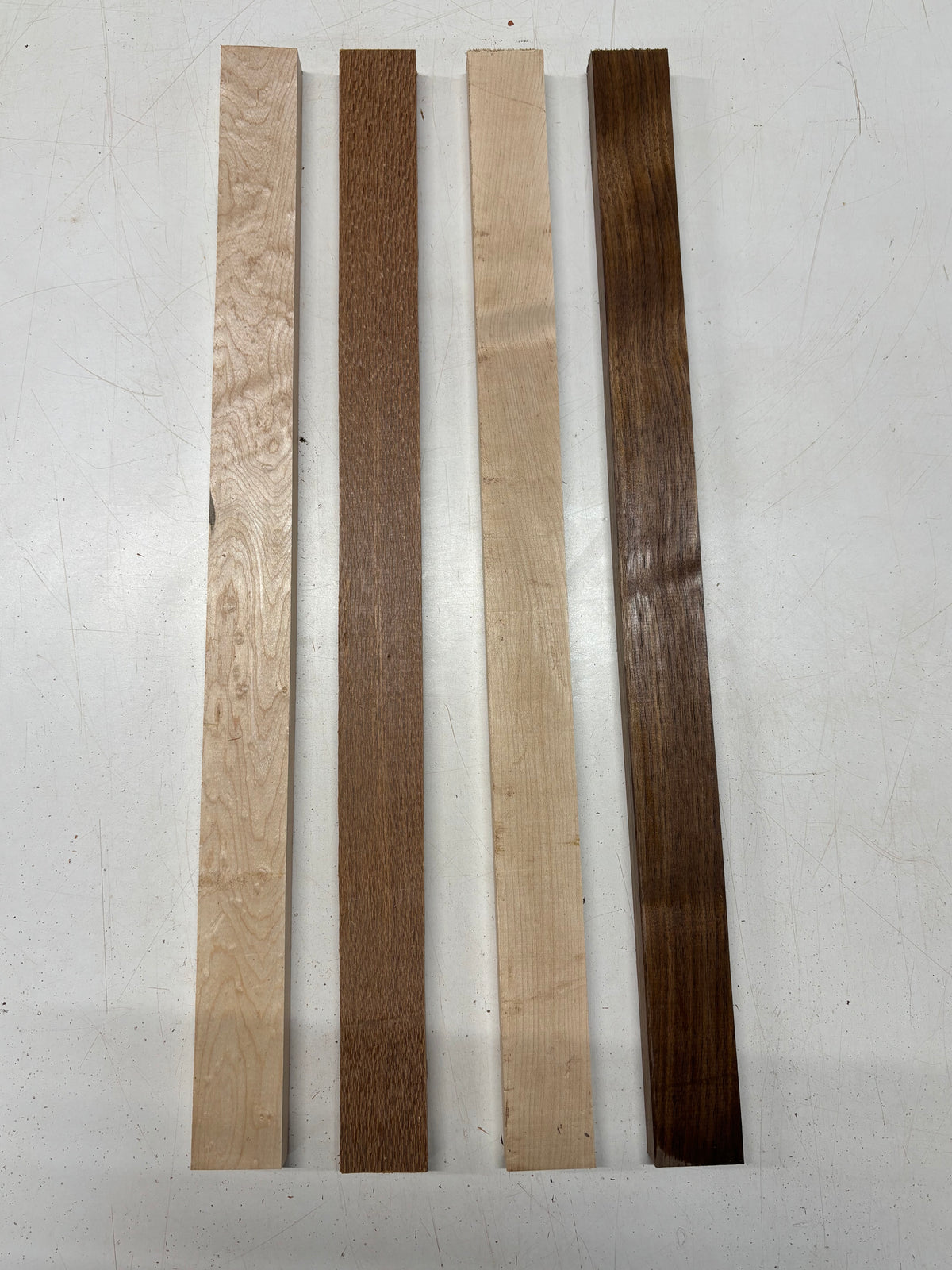 4 Pack, 4 Species Quilted Maple + Leopardwood + Hard Maple + Walnut Thin Stock Lumber 24"x1-3/4"x3/4"#7793 - Exotic Wood Zone