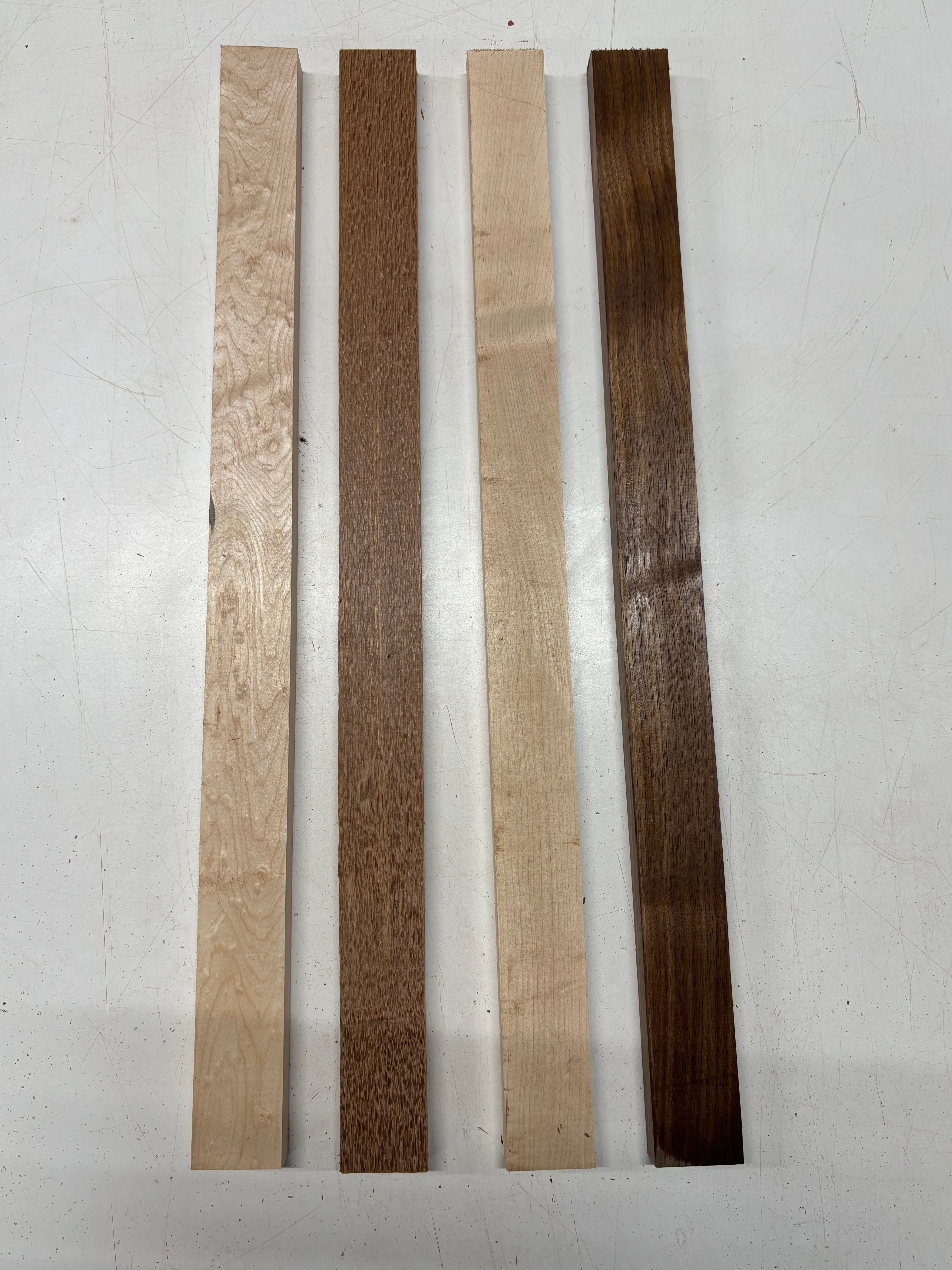 4 Pack, 4 Species Quilted Maple + Leopardwood + Hard Maple + Walnut Thin Stock Lumber 24"x1-3/4"x3/4"#7793 - Exotic Wood Zone
