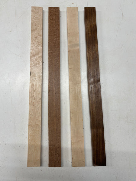 4 Pack, 4 Species Quilted Maple + Leopardwood + Hard Maple + Walnut Thin Stock Lumber 24"x1-3/4"x3/4"#7793 - Exotic Wood Zone