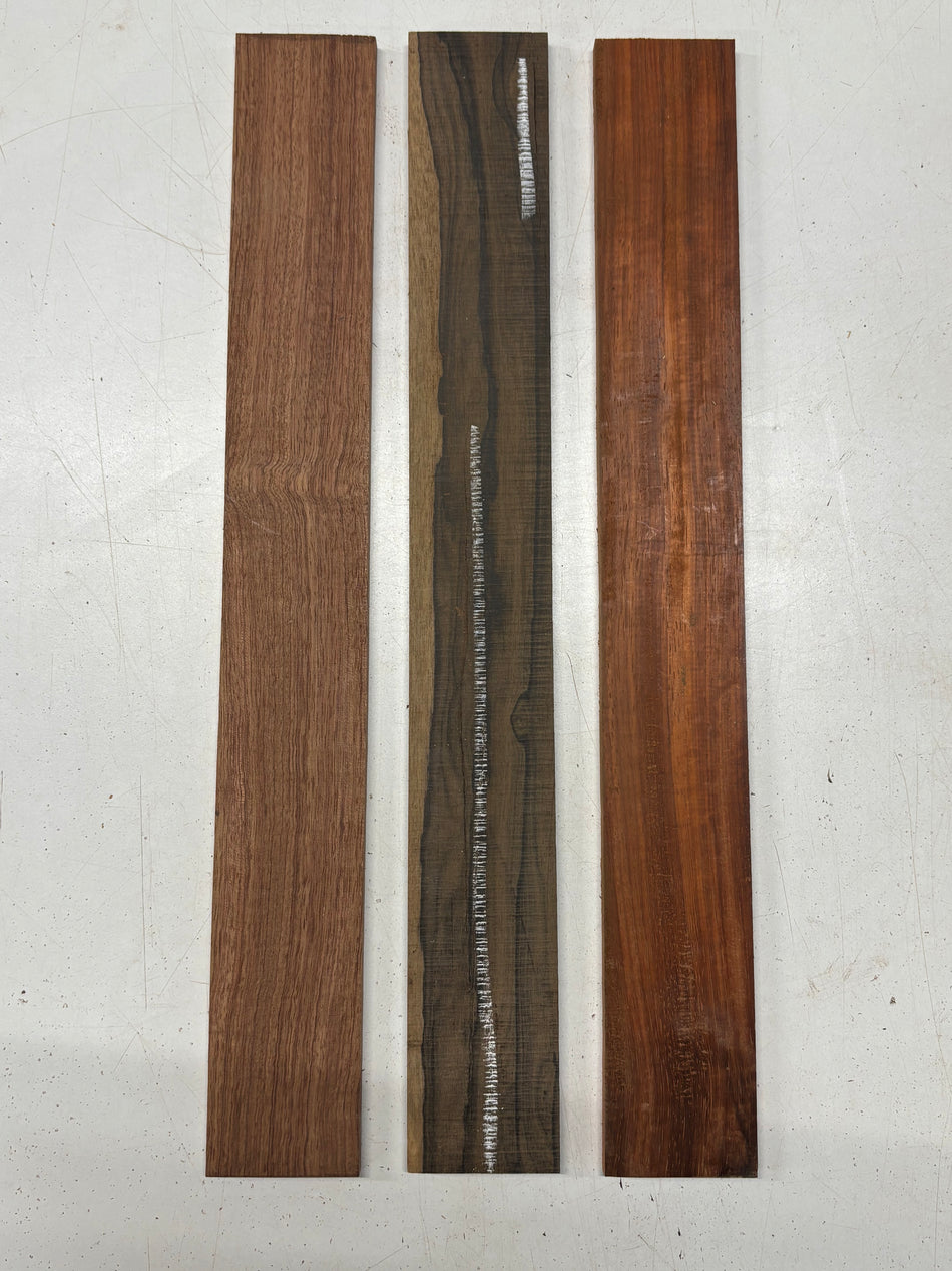 3 Pack, 3 Species Bubinga + Padauk + Ziricote Finger Board Blanks 20"x2-1/2"x3/8"#7807 - Exotic Wood Zone