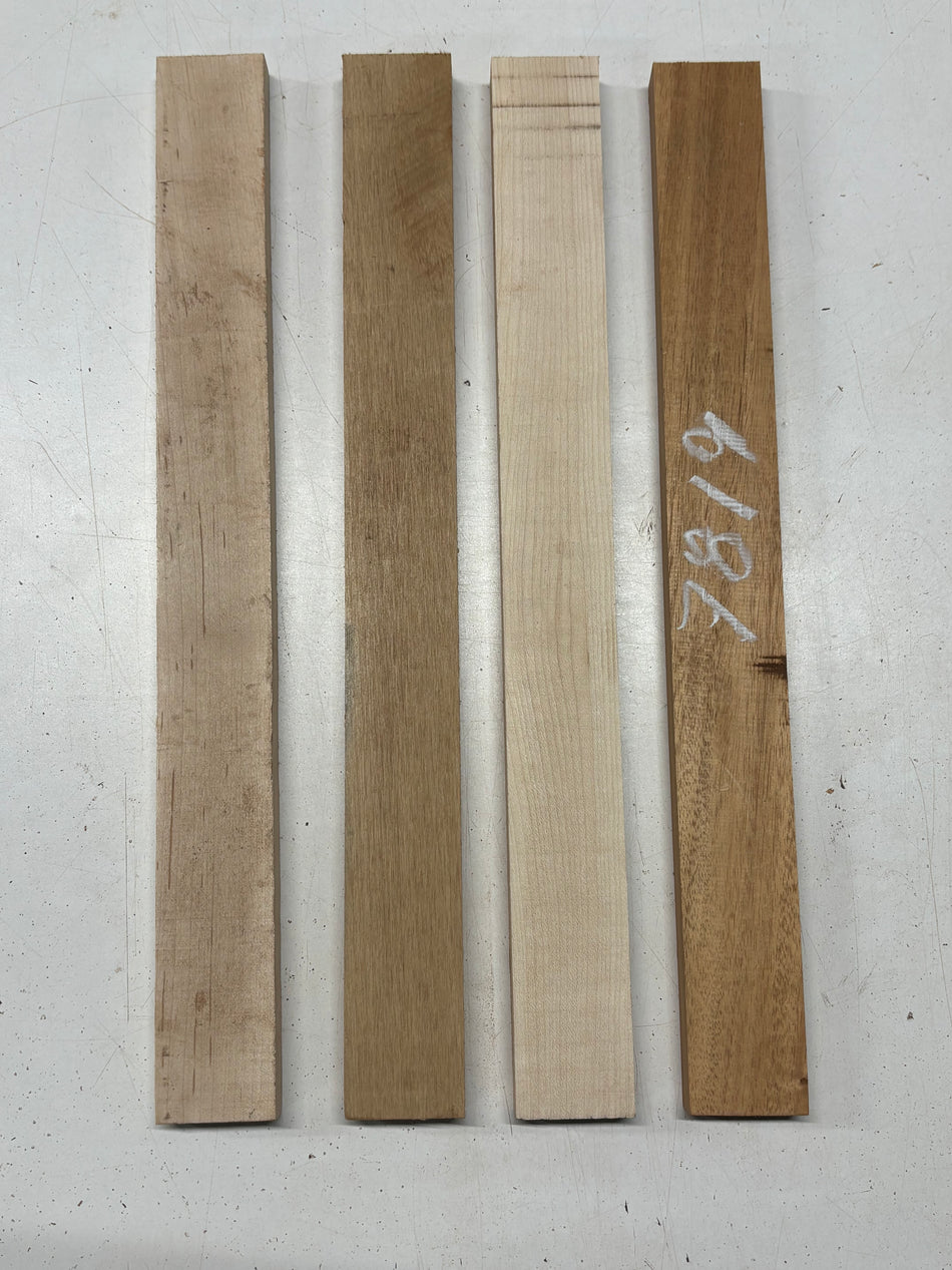 4 Pack, 3 Species Hard Maple + Red Alder + Mahogany Thin Stock Lumber 18"x1-7/8"x3/4"#7819 - Exotic Wood Zone