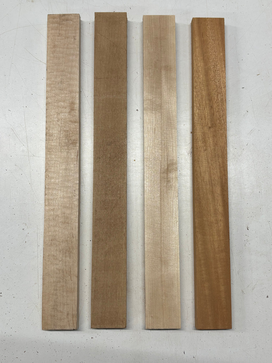 4 Pack, 3 Species Hard Maple + Red Alder + Mahogany Thin Stock Lumber 18"x1-7/8"x3/4"#7819 - Exotic Wood Zone
