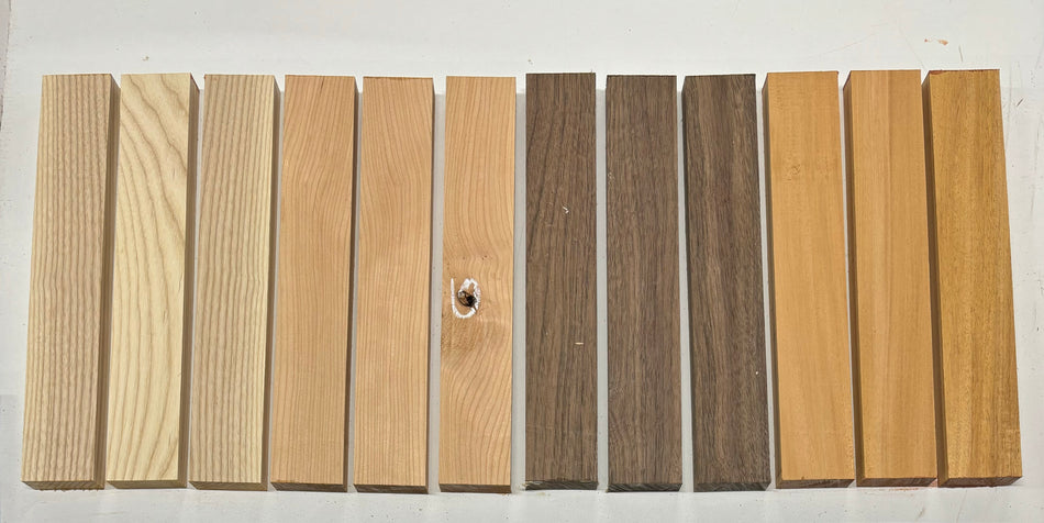 12 Pack, 4 Species Black Walnut + Cherry + Swamp Ash + Honduran Mahogany Thin Stock Lumber 12" x 2" x 3/4" #1002