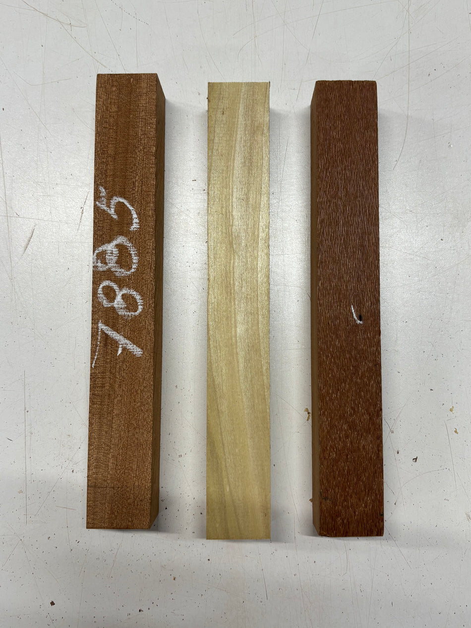 3 Pack, 3 Species Sapele + Poplar + Leopardwood Turning Wood Blanks 11"x1-1/2"x1-1/2" #7885 - Exotic Wood Zone