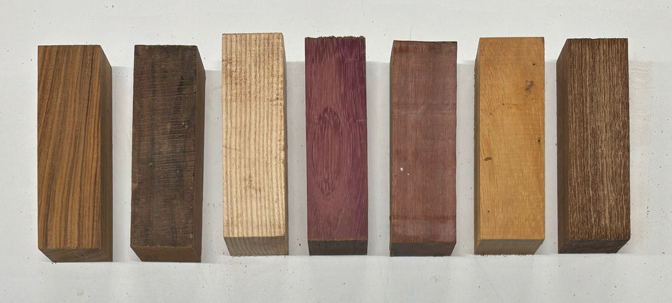 7 Pack, 7 Species, Knife Blanks 5" x 1-1/2" x 1" (Purpleheart + Bloodwood + White Ash + Sapele + Osage Orange + Chechen + Santos Rosewood )  #1013