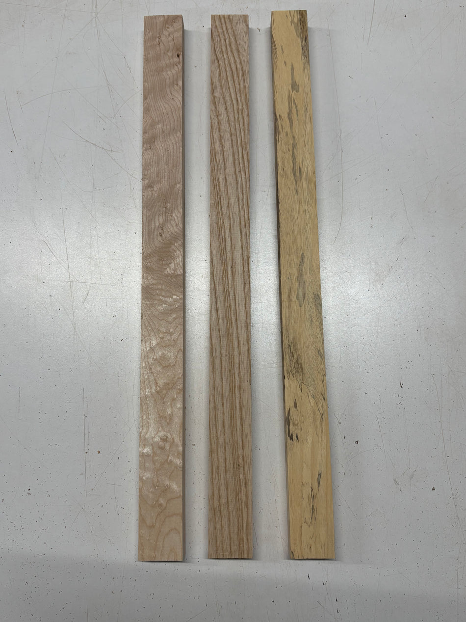 3 Pack, 3 Species Swamp Ash + Tamarind + Birdseye Maple Thin Stock Lumber 21"x1-1/2"x3/4" #7900 - Exotic Wood Zone