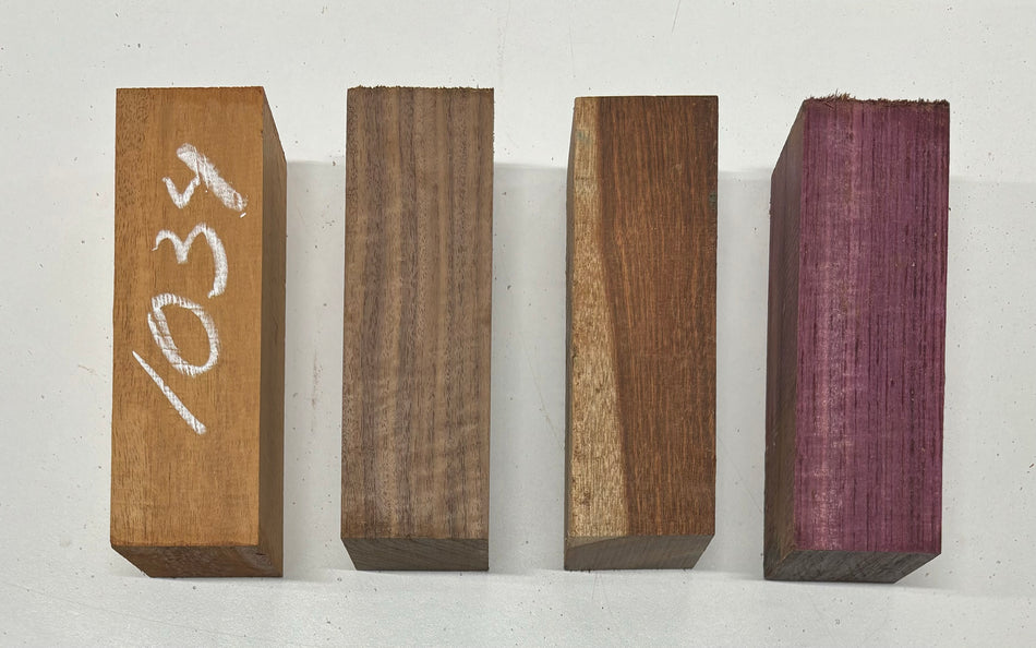 4 Pack, 4 Species, Purpleheart + Black Walnut + Honduran Mahogany + Chechen Turning Wood Blanks 6" x 2" x 2" #1034