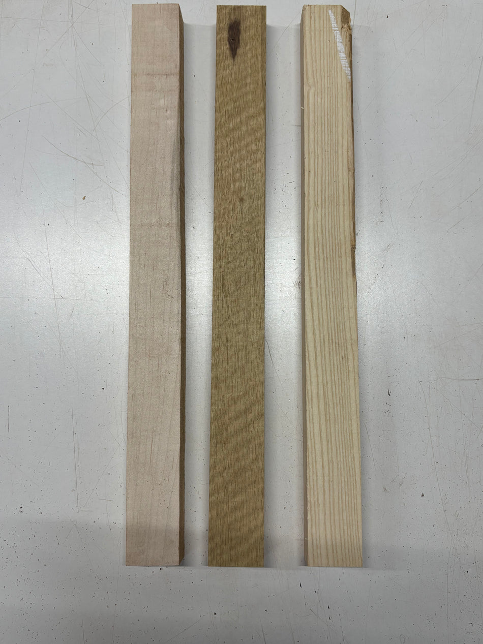 3 Pack 3 Species Hard Maple + White Ash + Flame White Limba Thin Stock Lumber 21" x 1-7/8" x 1-1/8" #7941 - Exotic Wood Zone