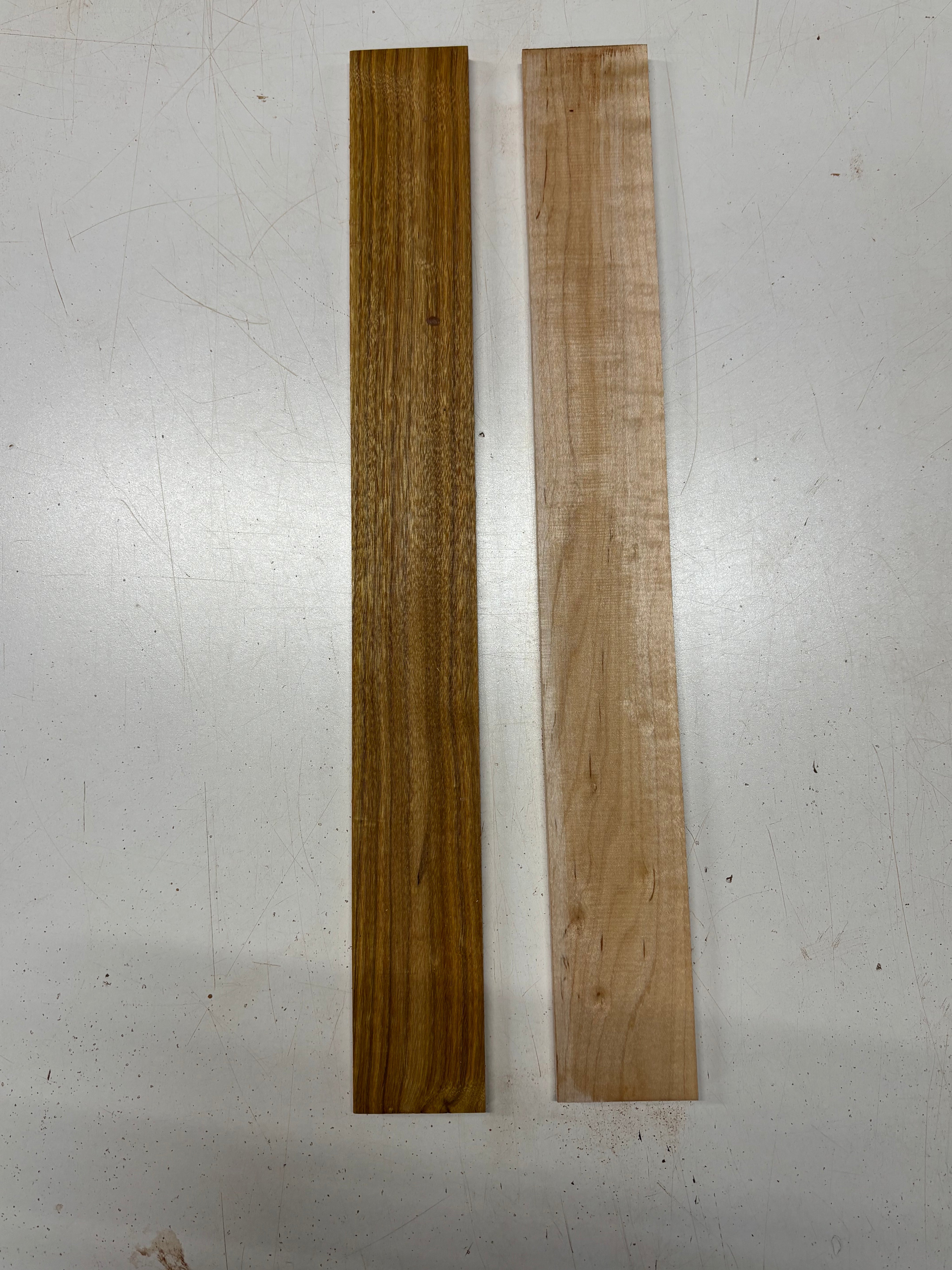 2 Pack, 2 Species Canarywood + Flame Hard Maple Fingerboard Blanks 21"x2-1/2"x3/8"#8356 - Exotic Wood Zone