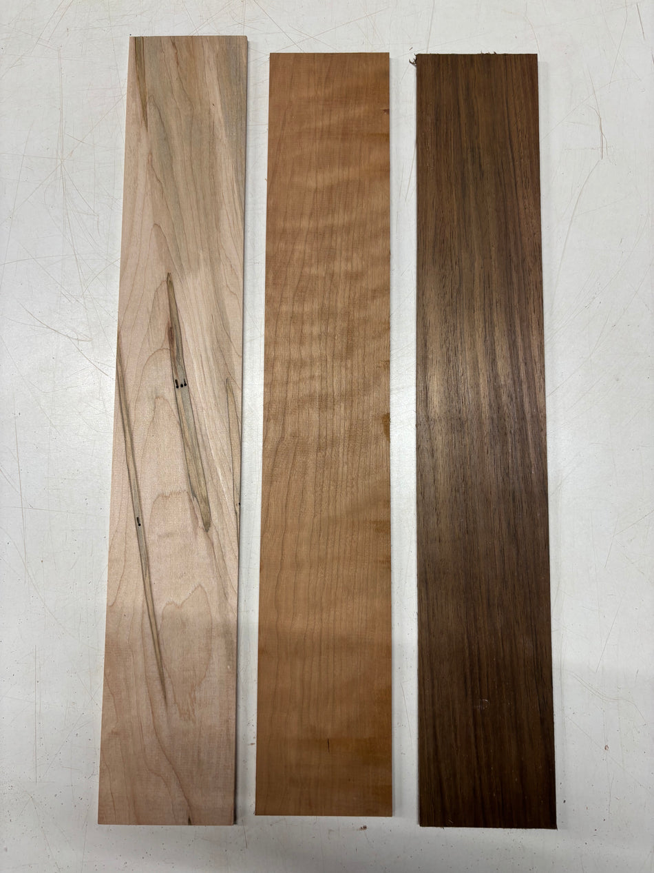 3 Pack, 3 Species, Cherry + Ambrosia Maple + Peruvian Walnut Thin Stock Lumber (Cherry & Peruvian Walnut: 24" x 4" x 1/4" , Ambrosia Maple: 25" x 4" x 1/4") #5024 Exotic Wood Zone 