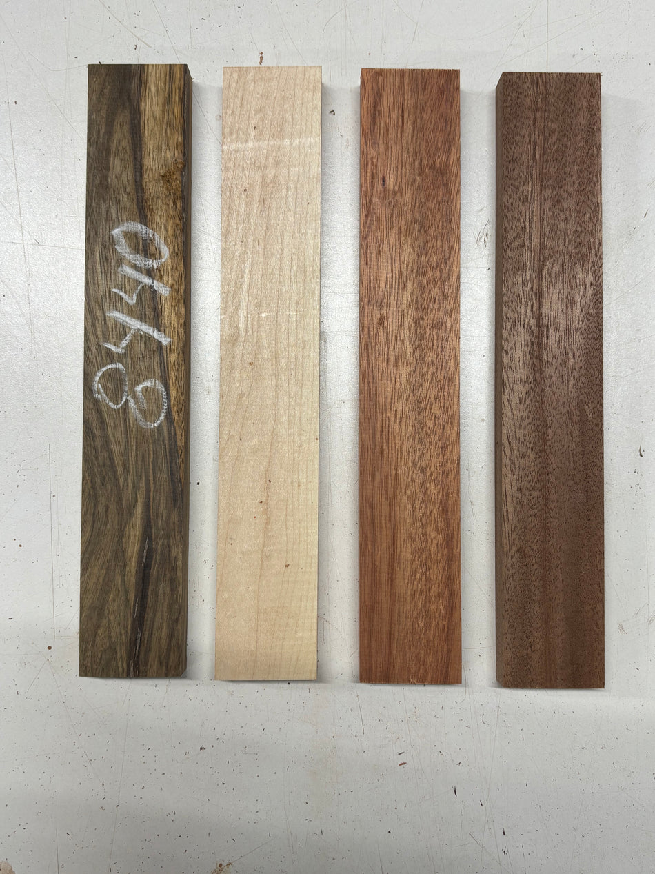 4 Pack, 4 Species Black Limba + Hard Maple + Bloodwood + African Mahogany Thin Stock Lumber  12"x2"x3/4"#8440 - Exotic Wood Zone