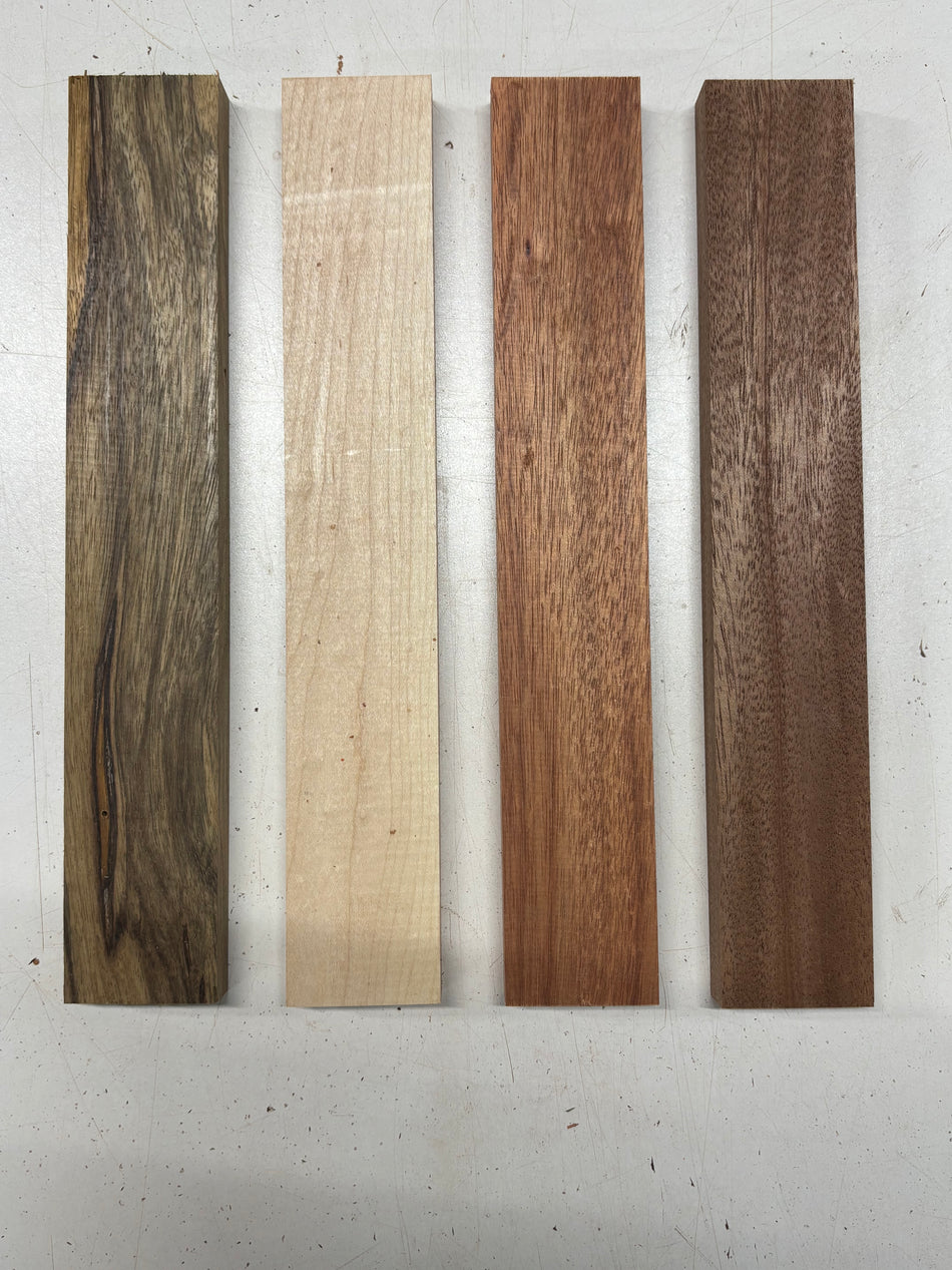 4 Pack, 4 Species Black Limba + Hard Maple + Bloodwood + African Mahogany Thin Stock Lumber  12"x2"x3/4"#8440 - Exotic Wood Zone