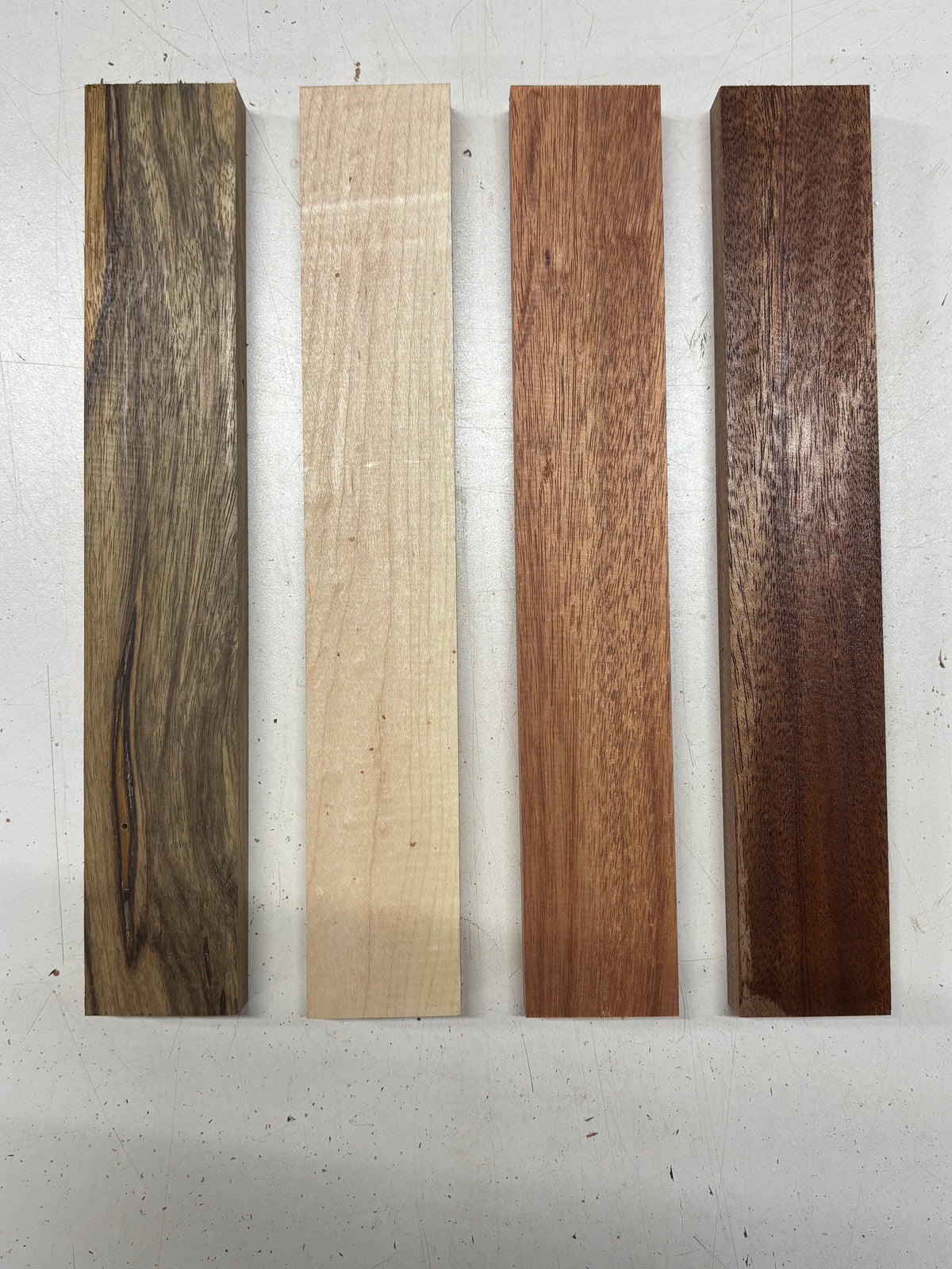4 Pack, 4 Species Black Limba + Hard Maple + Bloodwood + African Mahogany Thin Stock Lumber  12"x2"x3/4"#8440 - Exotic Wood Zone