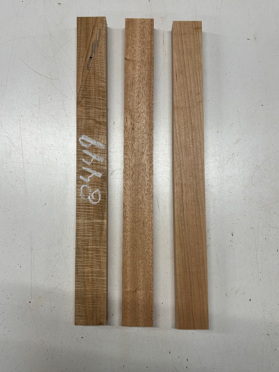 3 Pack, 3 Species Flame Ambrosia Maple + Cherry + Mahogany Thin Stock Lumber  18"x1-3/4"x1"#8449 - Exotic Wood Zone