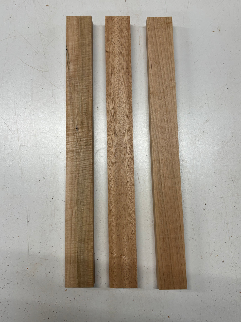 3 Pack, 3 Species Flame Ambrosia Maple + Cherry + Mahogany Thin Stock Lumber  18"x1-3/4"x1"#8449 - Exotic Wood Zone