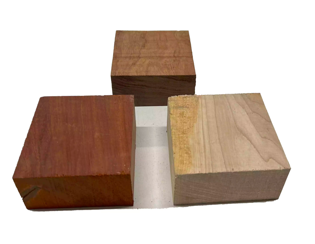 Pack of 3, Multispecies Hardwood Bowl Turning Wood Blanks (Padauk, Hard Maple, Bubinga) 4&quot;x4&quot;x2&quot; 