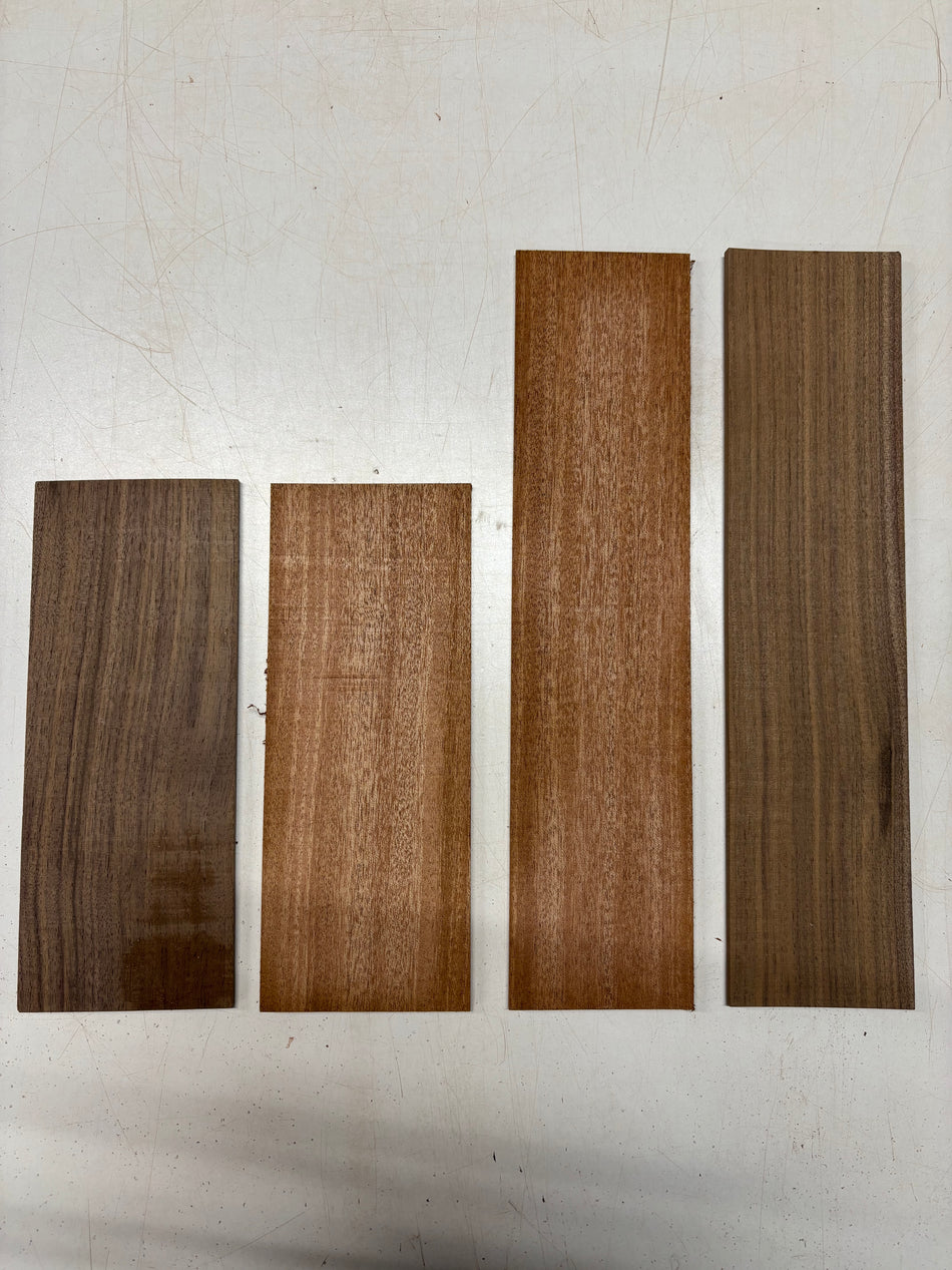 4 Pack, 2 Species Black Walnut + African Mahogany Thin Stock Lumber 10-3/4"x4-1/4"x3/16"  ,  15-1/2"x3-3/4"x3/16"#6059