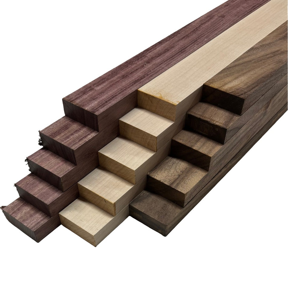 Combo de 15 tablas de madera de 3/4" | Bloques de tablas de cortar | Tamarindo Spalted, Corazón Púrpura, Caoba Hondureña