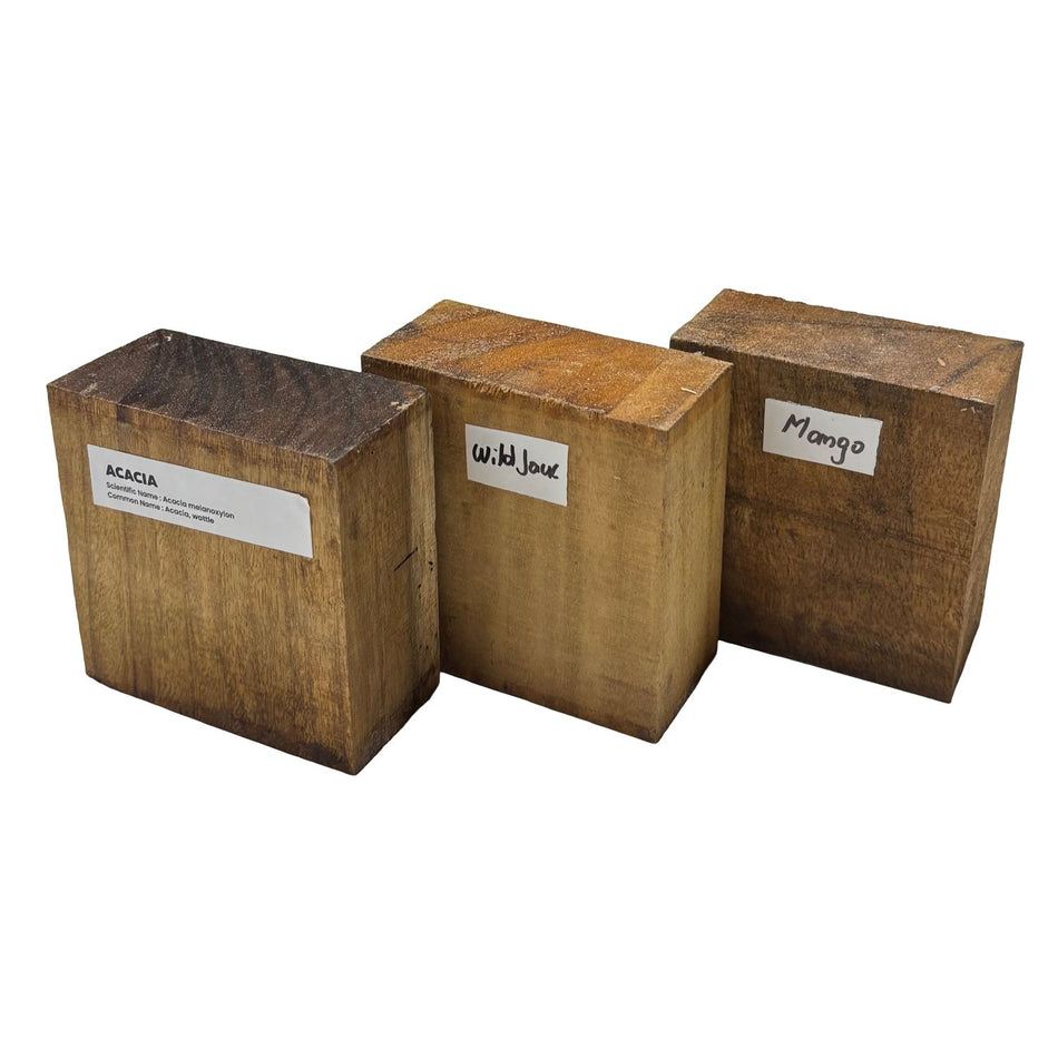 Combo Pack of 3, Bowl Blanks 4" x 4" x 2" (Acacia, Mango, Wild Jack)