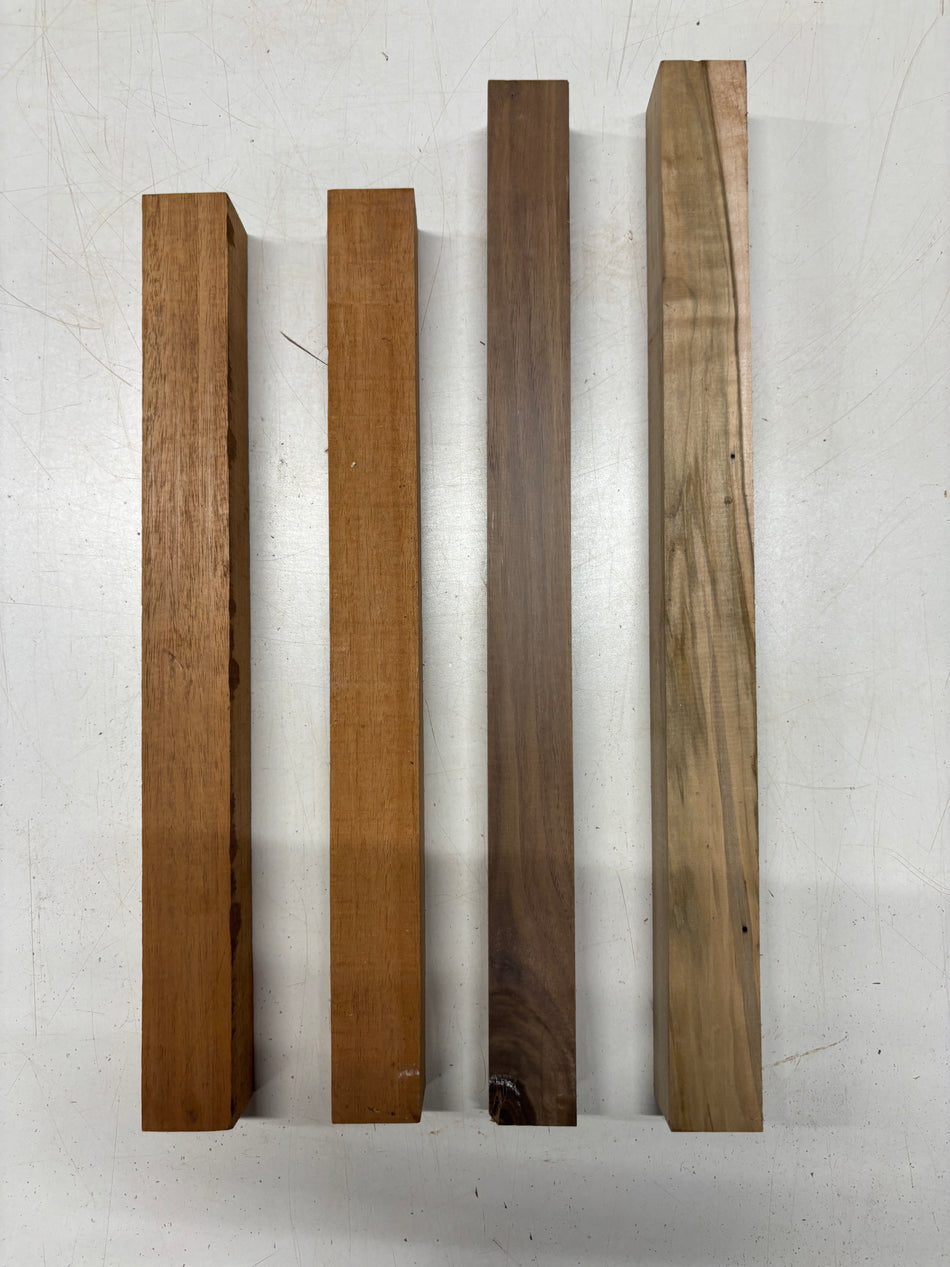 4 Pack, 3 Species Ambrosia Maple+ Walnut + Mahogany Turning Wood Blanks  Ambrosia Maple + Walnut - 18"x1-1/2"x1-1/2"   Mahogany 16"x1-1/2"x1-1/2"#5169