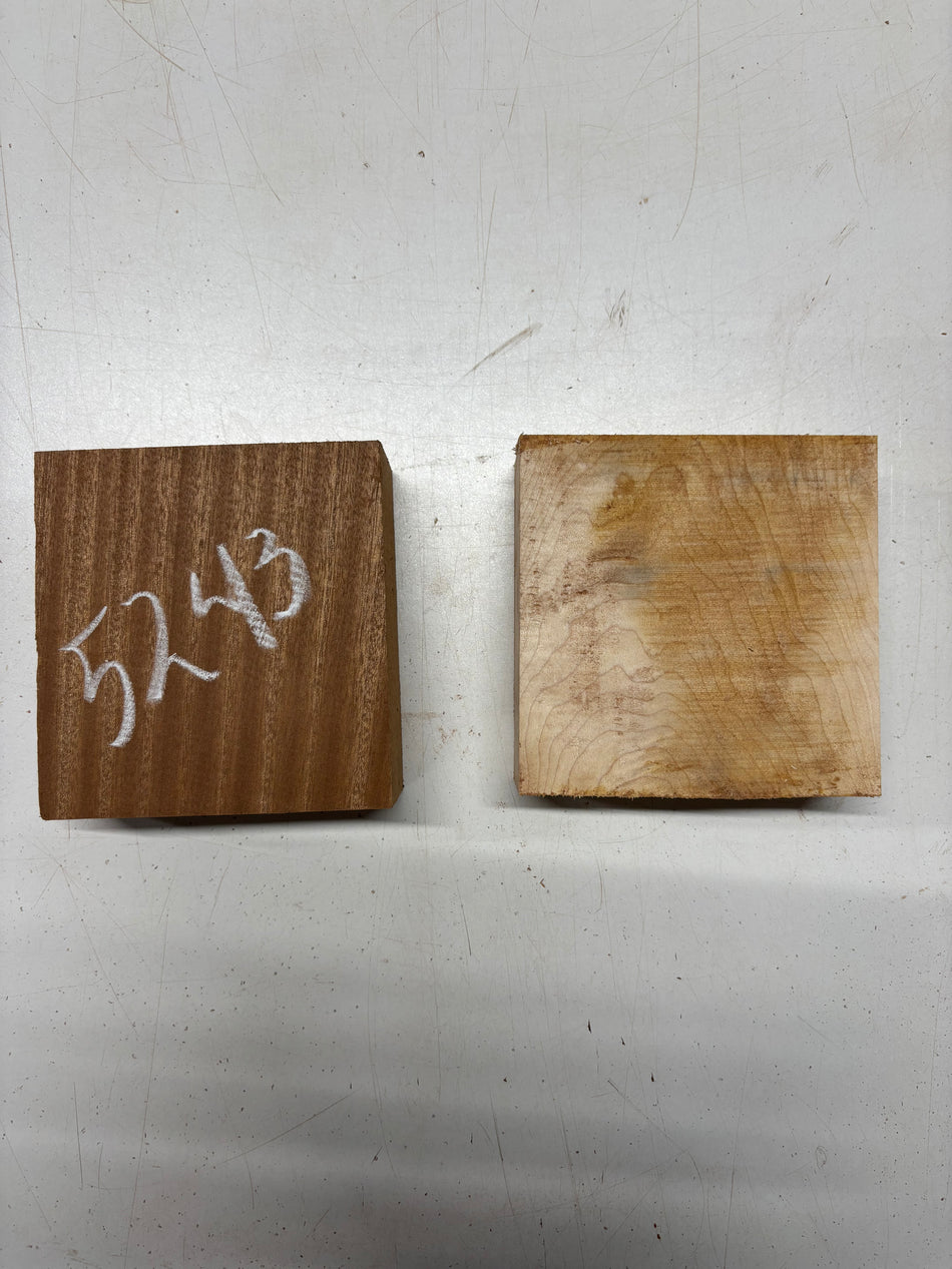2 Pack, 2 Species Hard Maple + Sapele Burl Blanks 5"x4-7/8"x2"#5243
