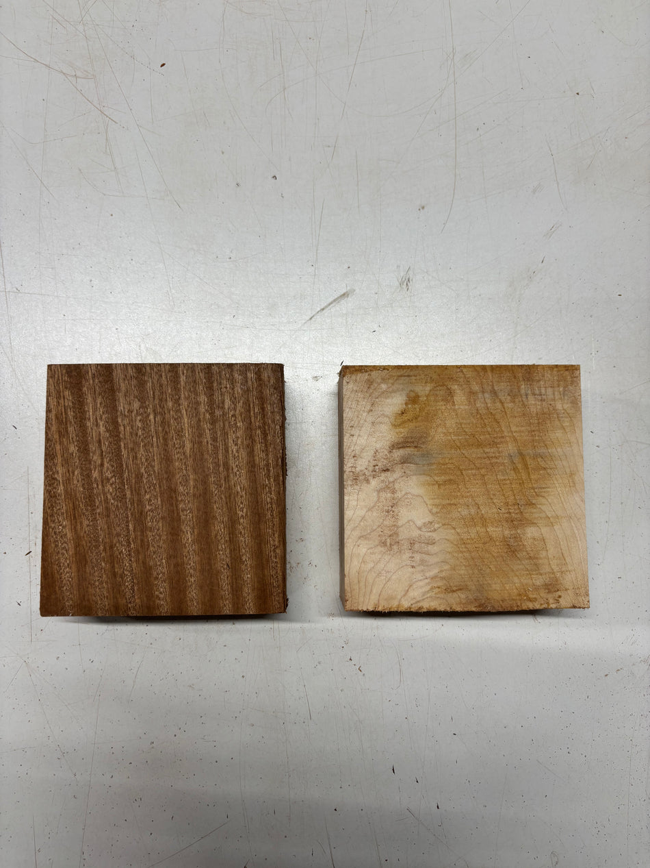 2 Pack, 2 Species Hard Maple + Sapele Burl Blanks 5"x4-7/8"x2"#5243