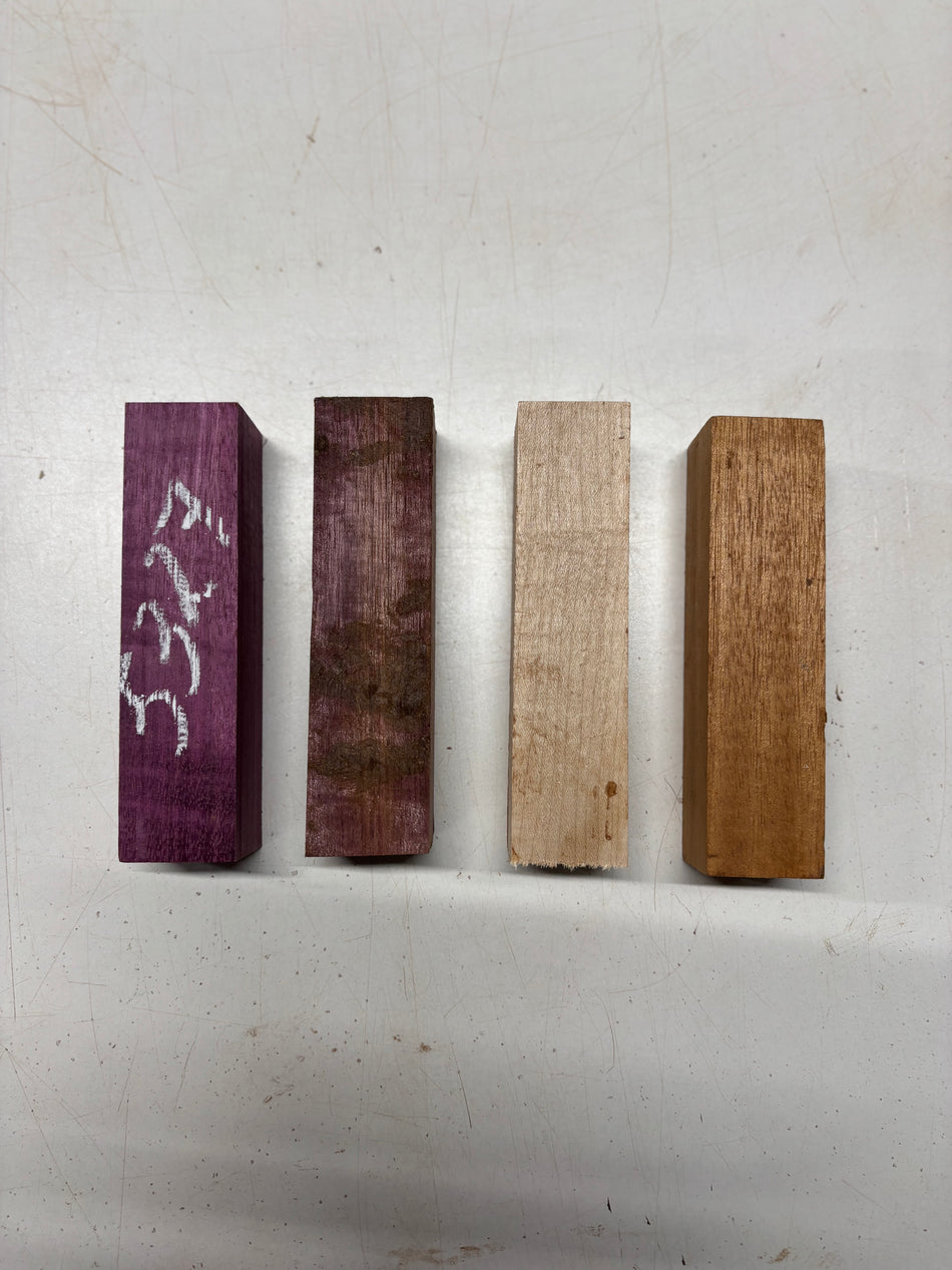 4 Pack, Species Purpleheart + Mahogany + Hard Maple Turning Wood Blank  6"x1-1/2"x1-1/2"#5327